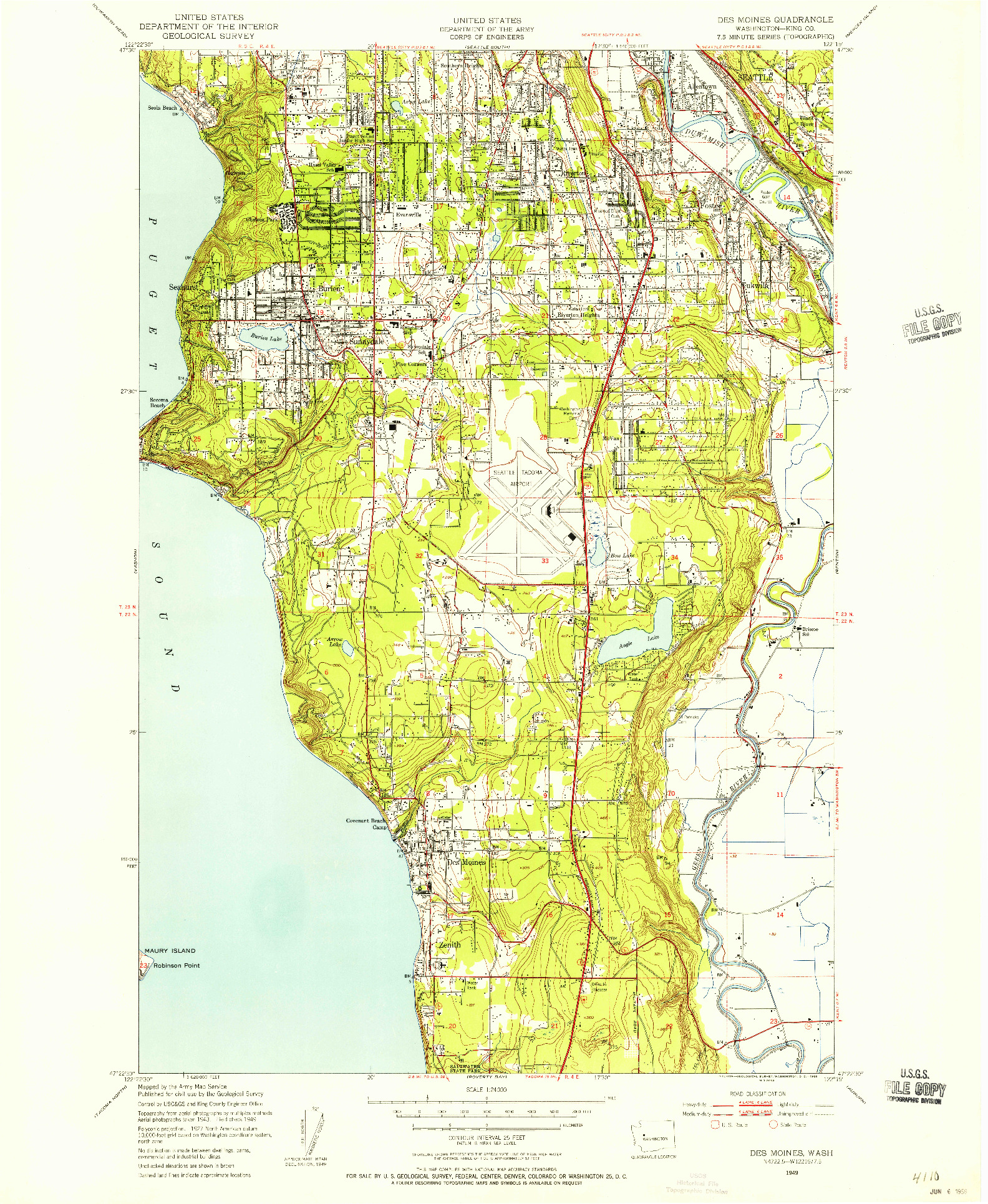 USGS 1:24000-SCALE QUADRANGLE FOR DES MOINES, WA 1949