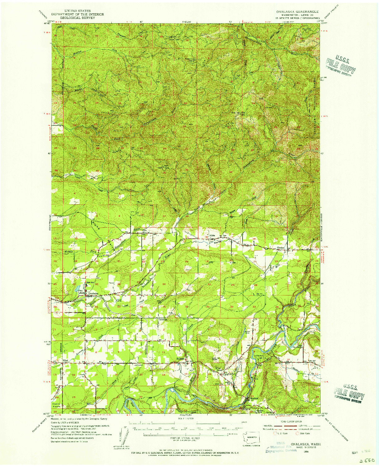 USGS 1:62500-SCALE QUADRANGLE FOR ONALASKA, WA 1954