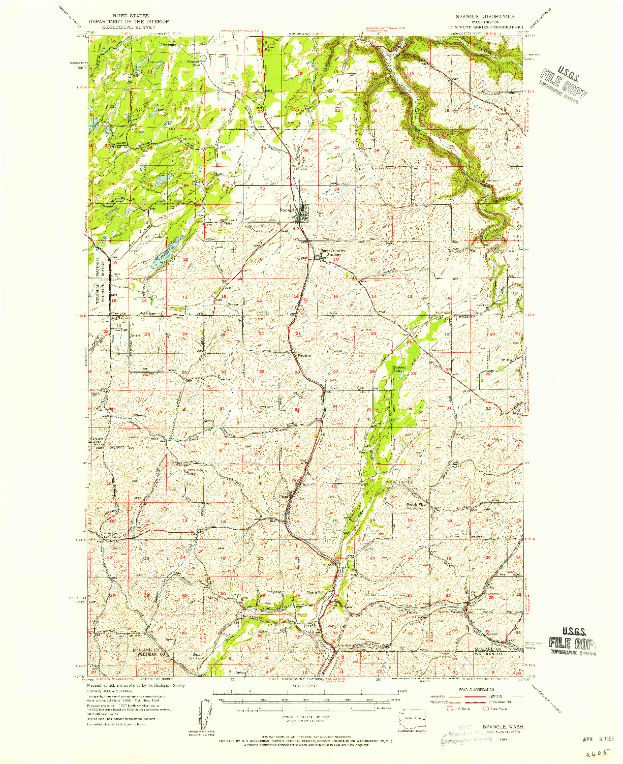 USGS 1:62500-SCALE QUADRANGLE FOR SPANGLE, WA 1954