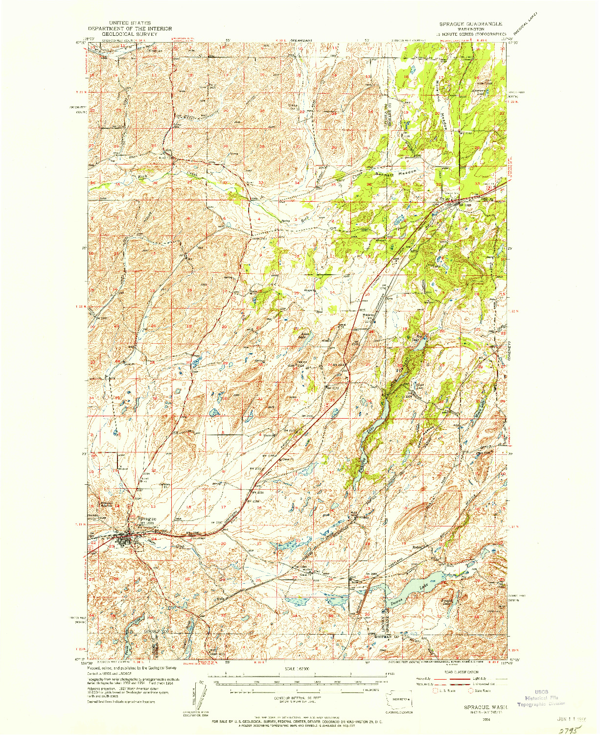 USGS 1:62500-SCALE QUADRANGLE FOR SPRAGUE, WA 1954