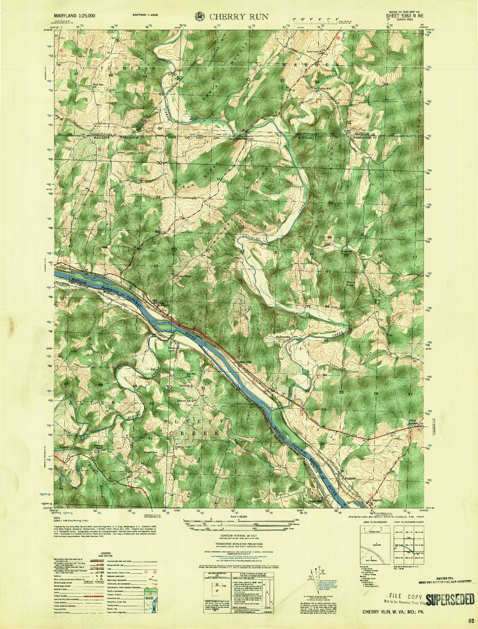 USGS 1:25000-SCALE QUADRANGLE FOR CHERRY RUN, WV 1951