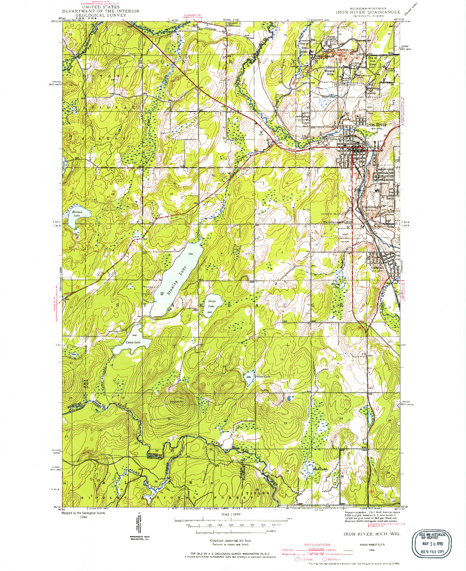 USGS 1:24000-SCALE QUADRANGLE FOR IRON RIVER, MI 1944