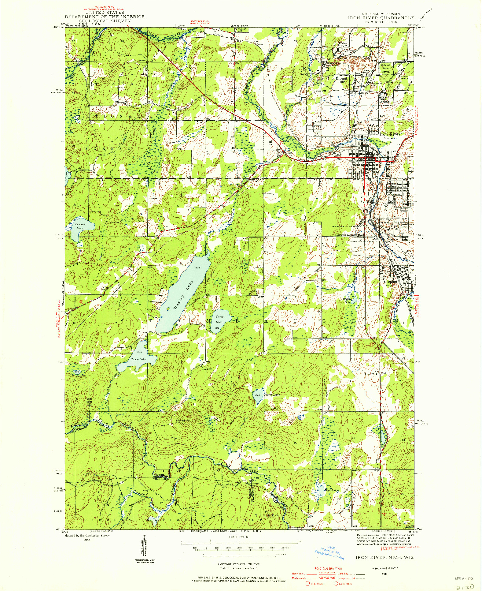 USGS 1:24000-SCALE QUADRANGLE FOR IRON RIVER, MI 1944