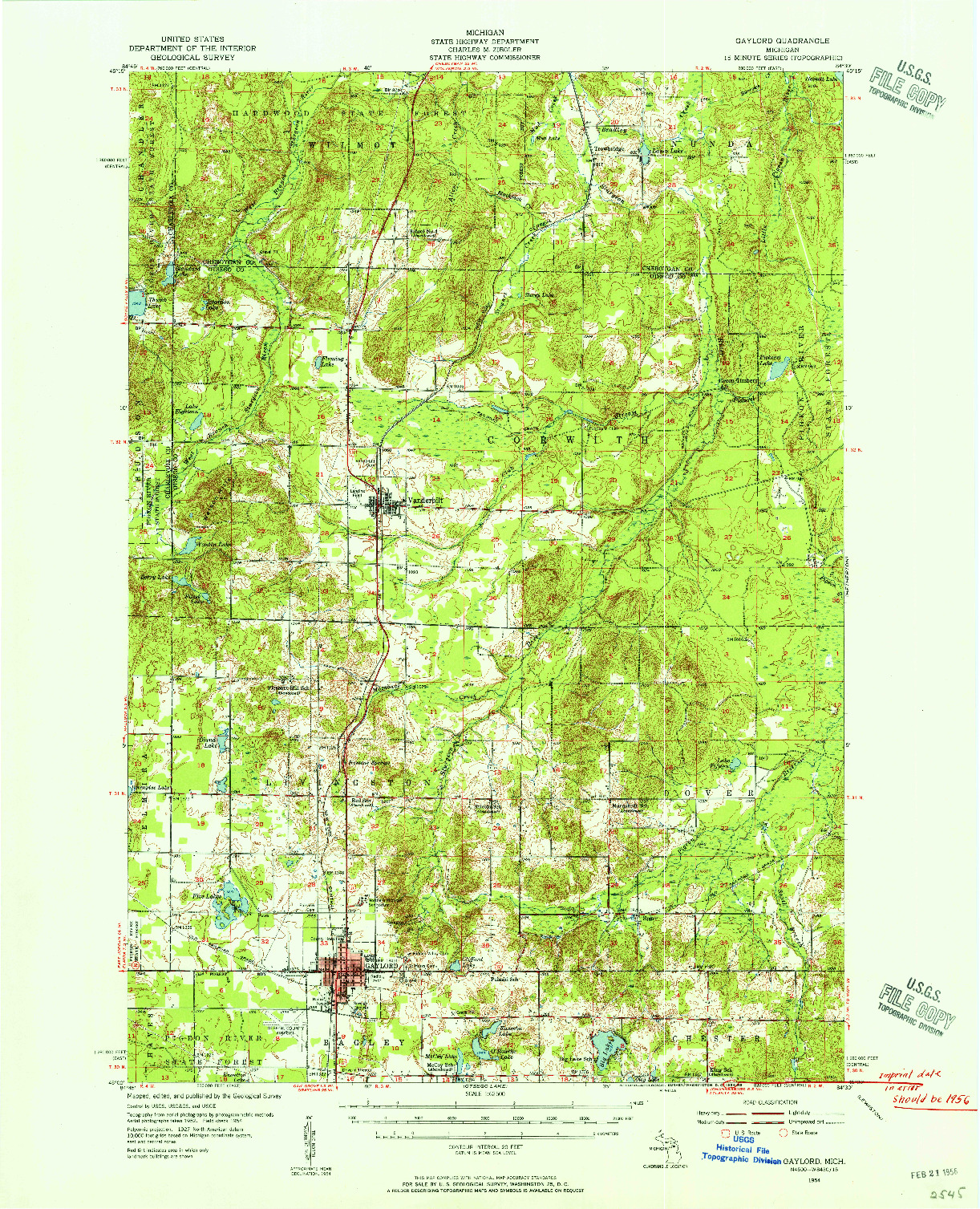 USGS 1:62500-SCALE QUADRANGLE FOR GAYLORD, MI 1954