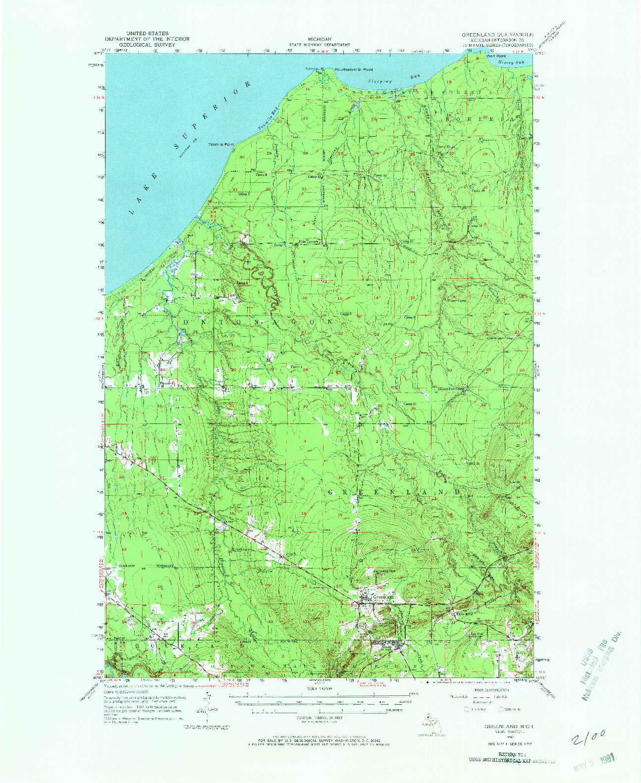 USGS 1:62500-SCALE QUADRANGLE FOR GREENLAND, MI 1950