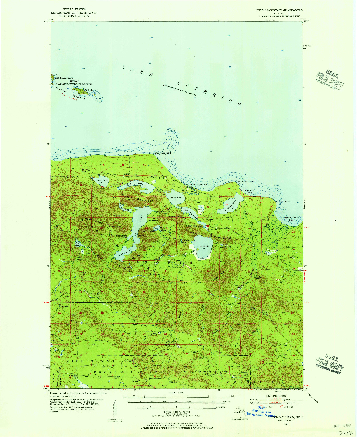 USGS 1:62500-SCALE QUADRANGLE FOR HURON MOUNTAIN, MI 1954