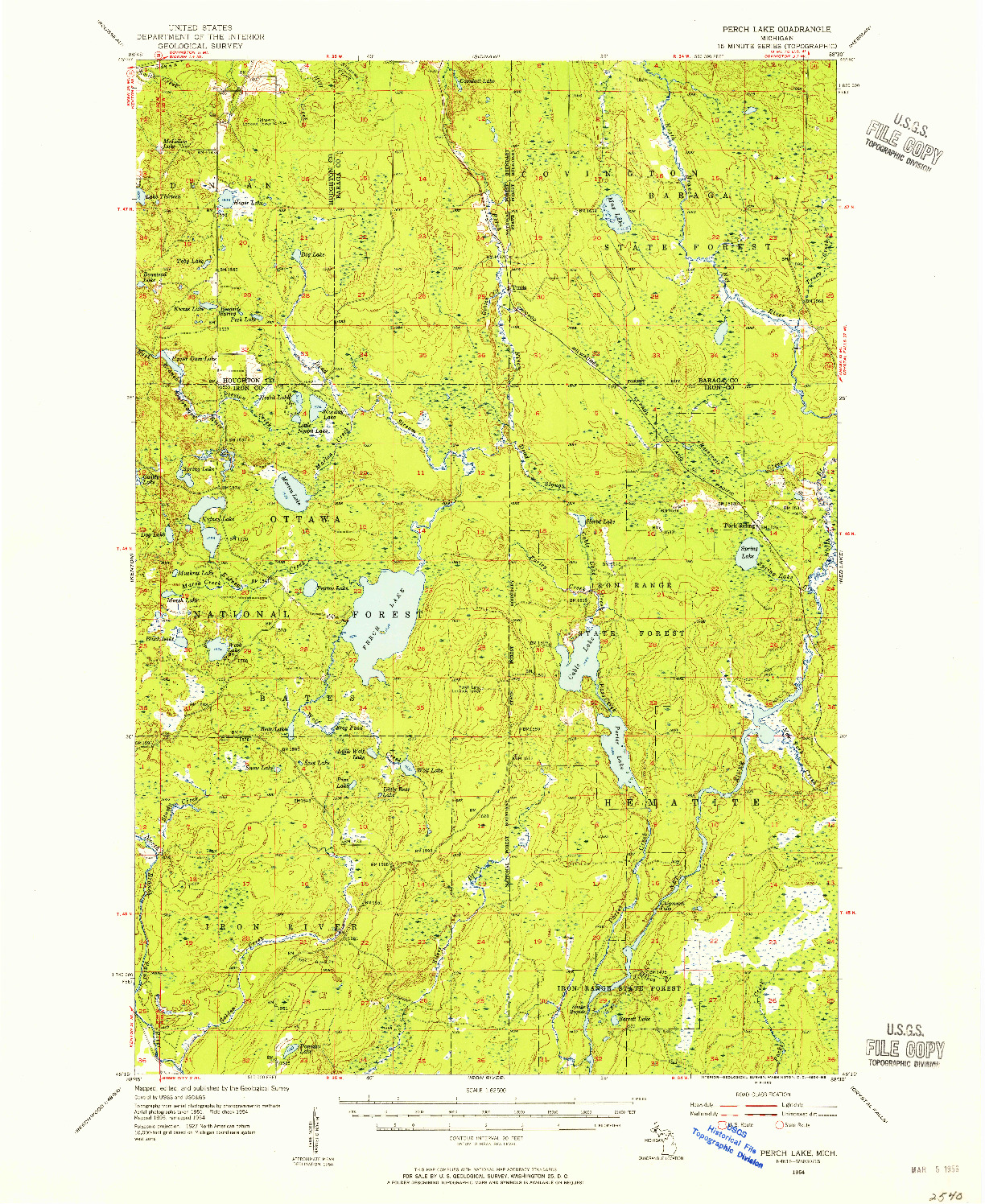 USGS 1:62500-SCALE QUADRANGLE FOR PERCH LAKE, MI 1954