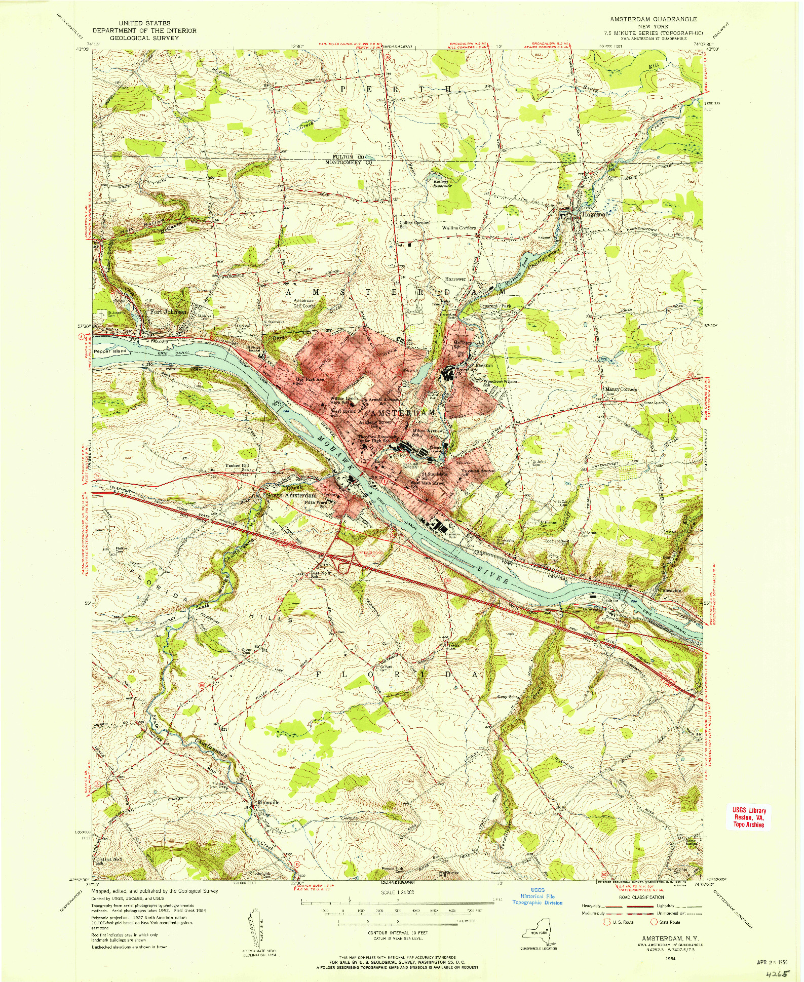 USGS 1:24000-SCALE QUADRANGLE FOR AMSTERDAM, NY 1954