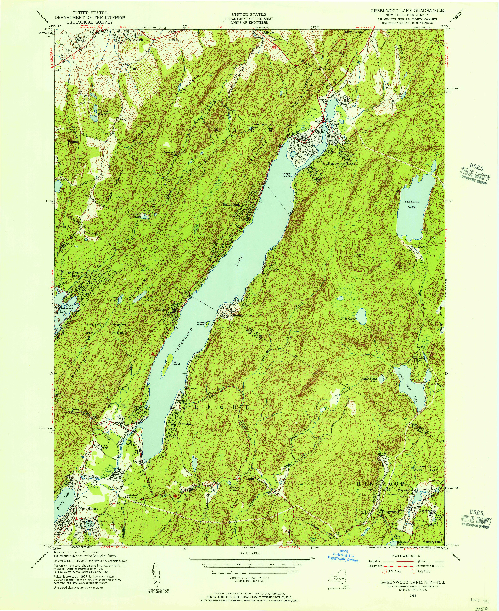 USGS 1:24000-SCALE QUADRANGLE FOR GREENWOOD LAKE, NY 1954