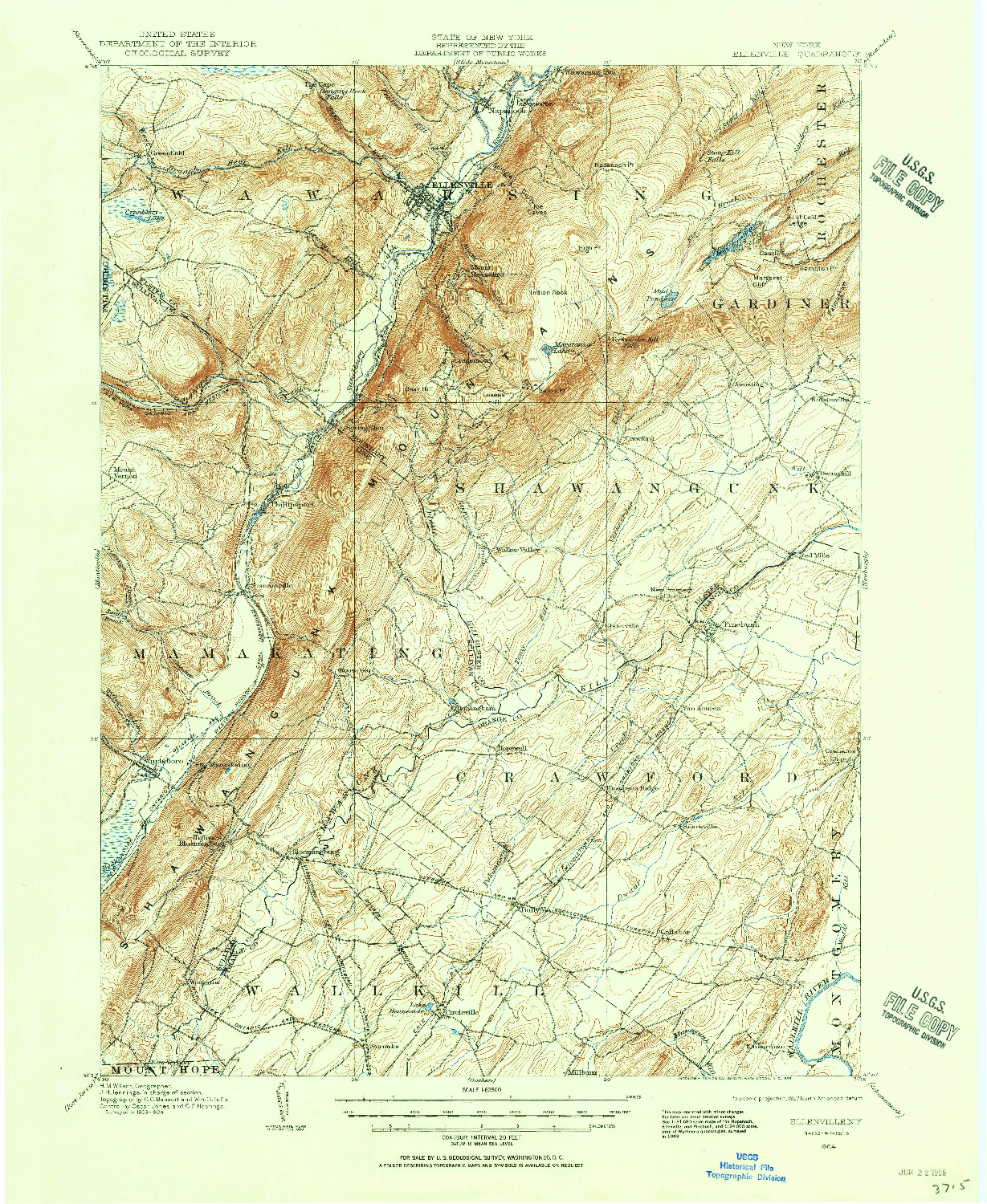 USGS 1:62500-SCALE QUADRANGLE FOR ELLENVILLE, NY 1904