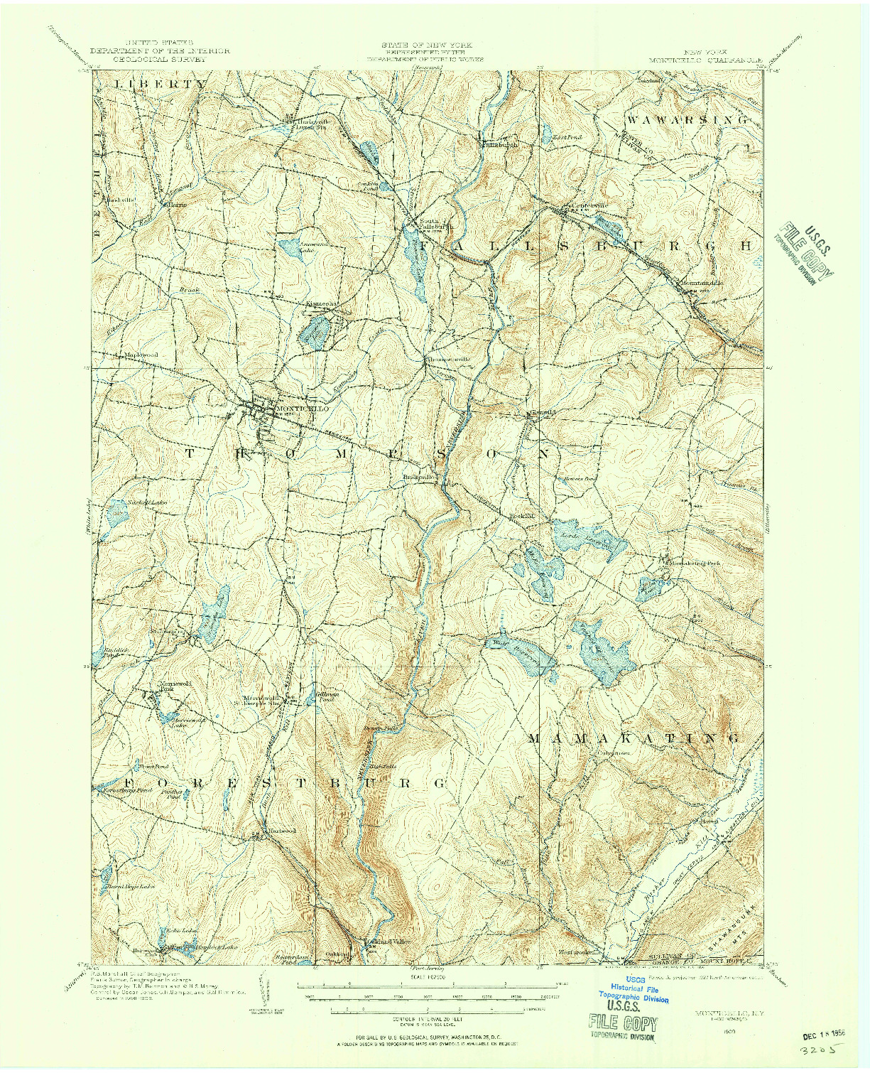 USGS 1:62500-SCALE QUADRANGLE FOR MONTICELLO, NY 1909