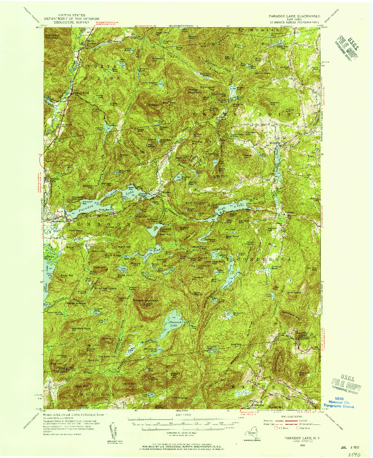 USGS 1:62500-SCALE QUADRANGLE FOR PARADOX LAKE, NY 1953