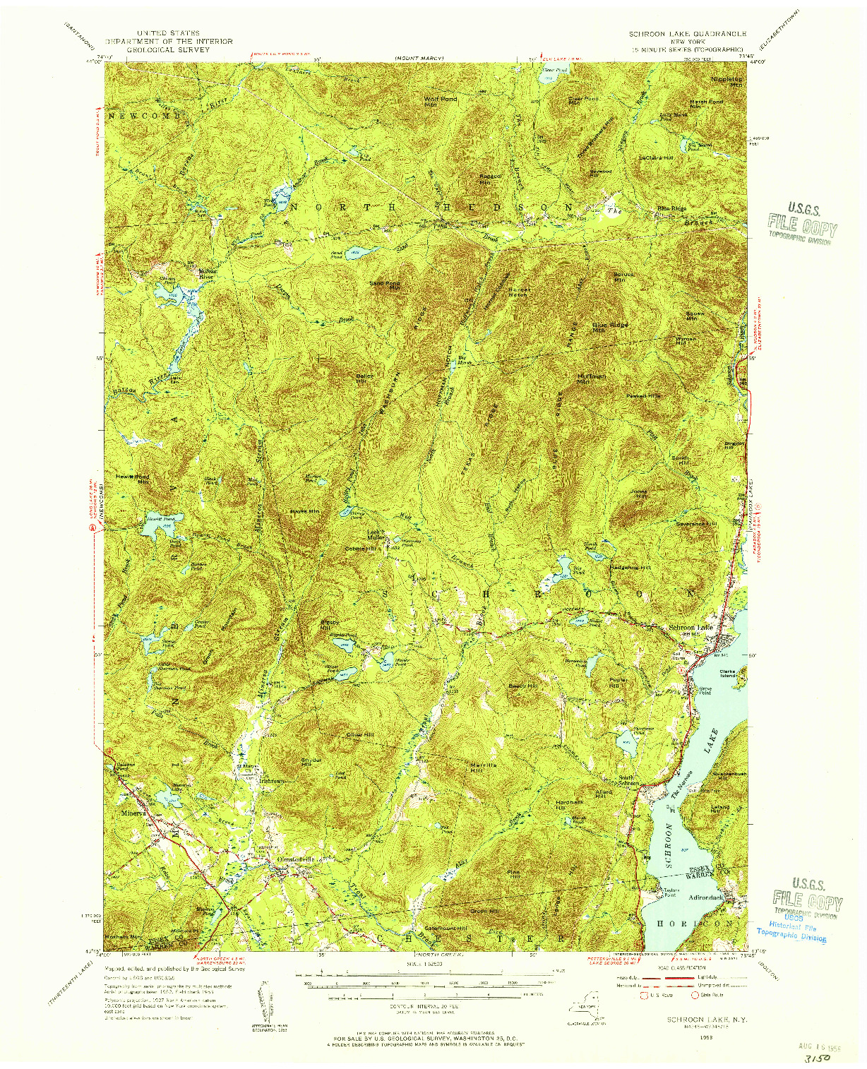 USGS 1:62500-SCALE QUADRANGLE FOR SCHROON LAKE, NY 1953