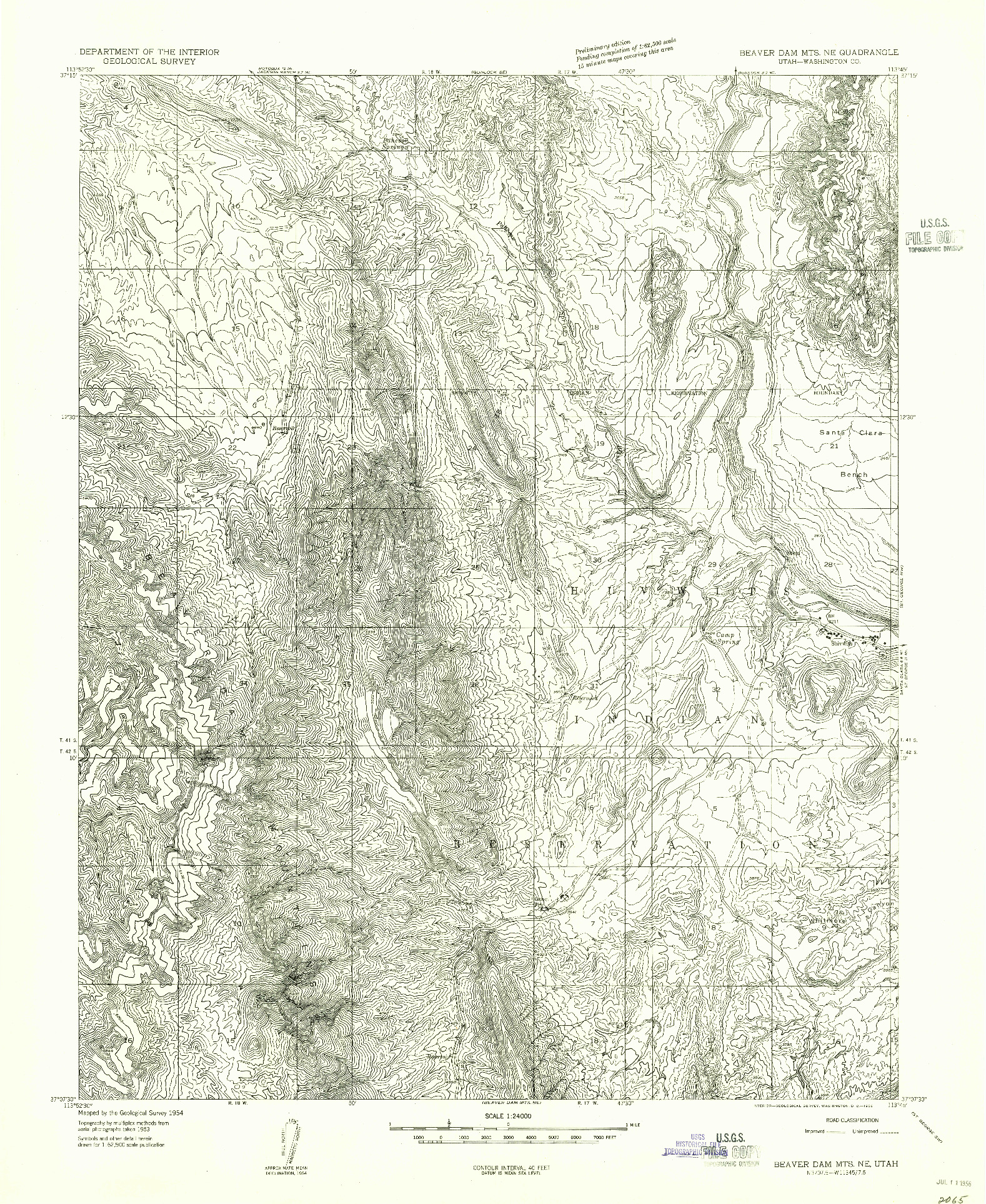 USGS 1:24000-SCALE QUADRANGLE FOR BEAVER DAM MTS NE, UT 1954