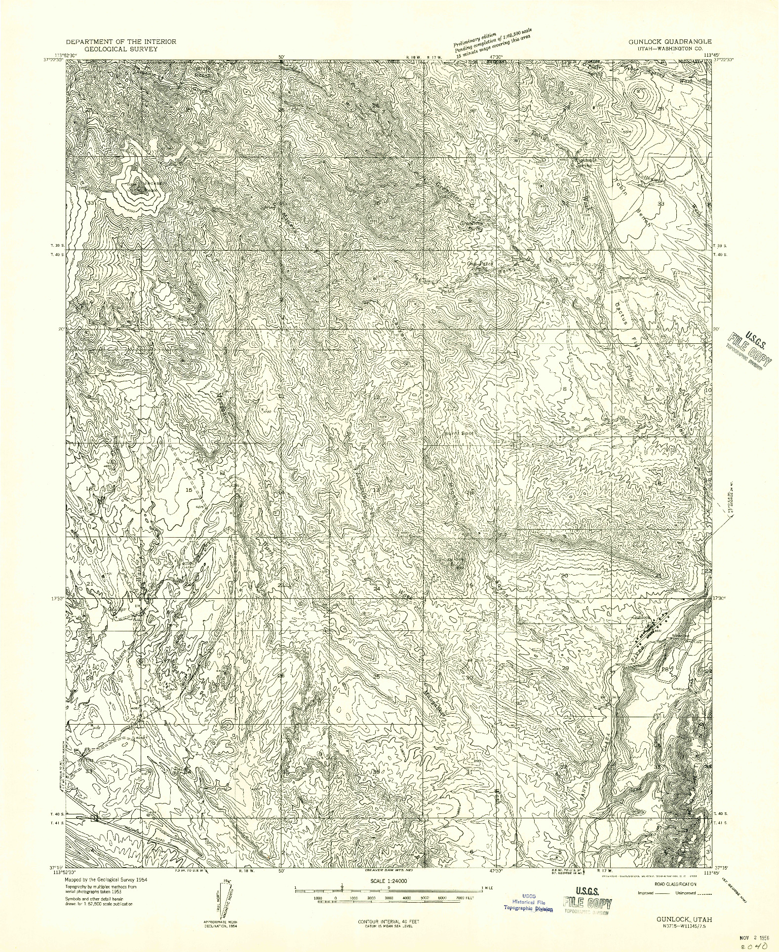 USGS 1:24000-SCALE QUADRANGLE FOR GUNLOCK, UT 1954
