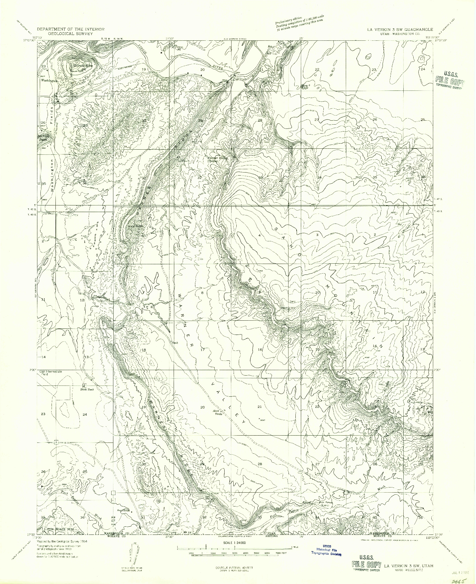 USGS 1:24000-SCALE QUADRANGLE FOR LA VERKIN 3 SW, UT 1954