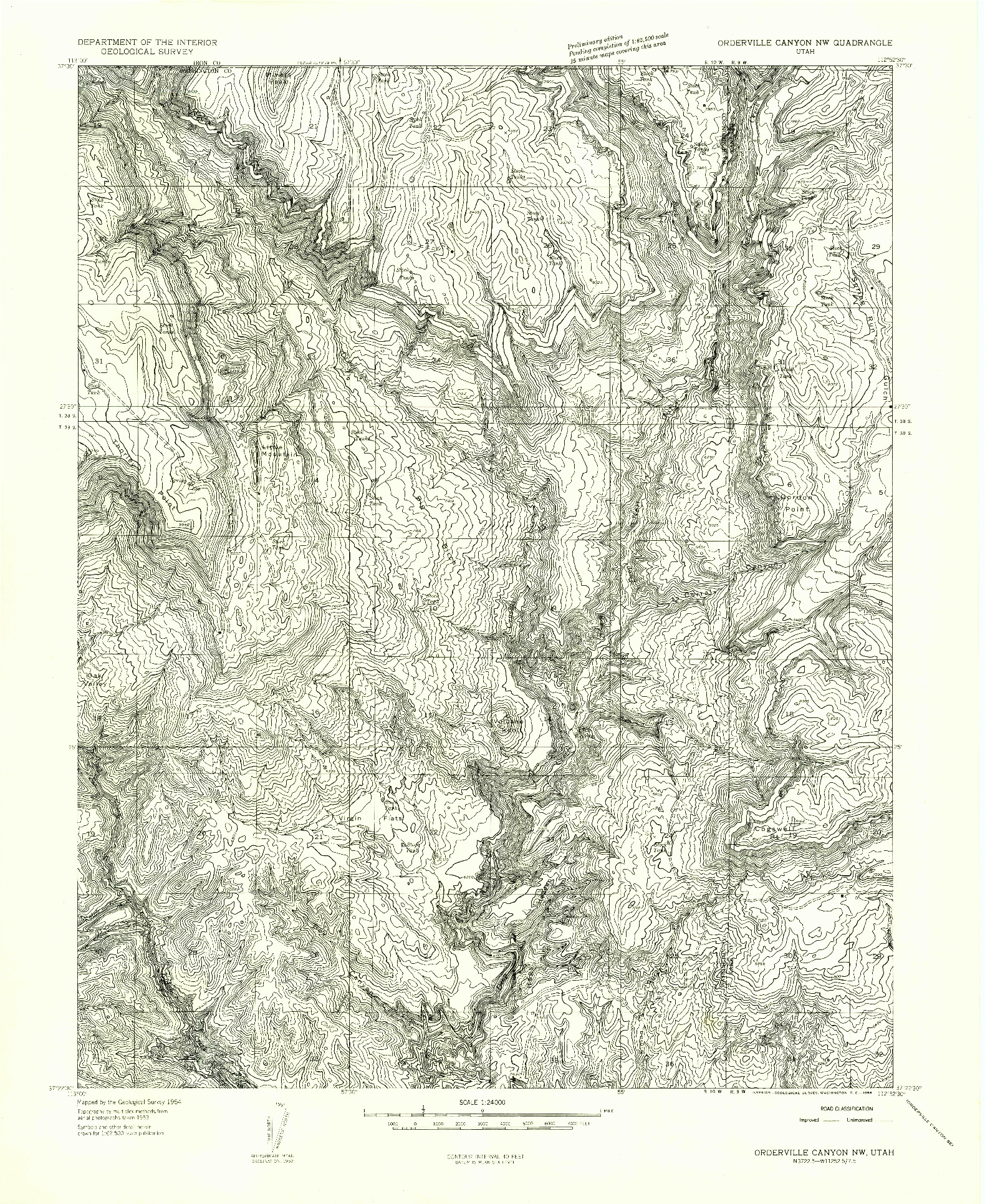 USGS 1:24000-SCALE QUADRANGLE FOR ORDERVILLE CANYON NW, UT 1954