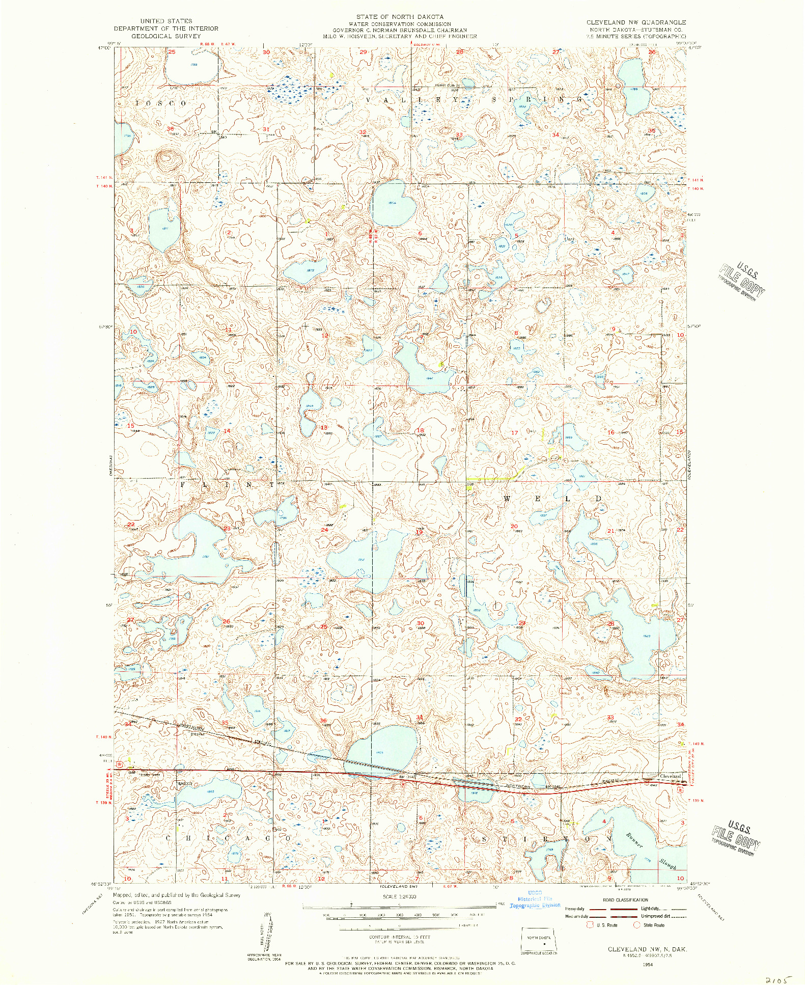 USGS 1:24000-SCALE QUADRANGLE FOR CLEVELAND NW, ND 1954