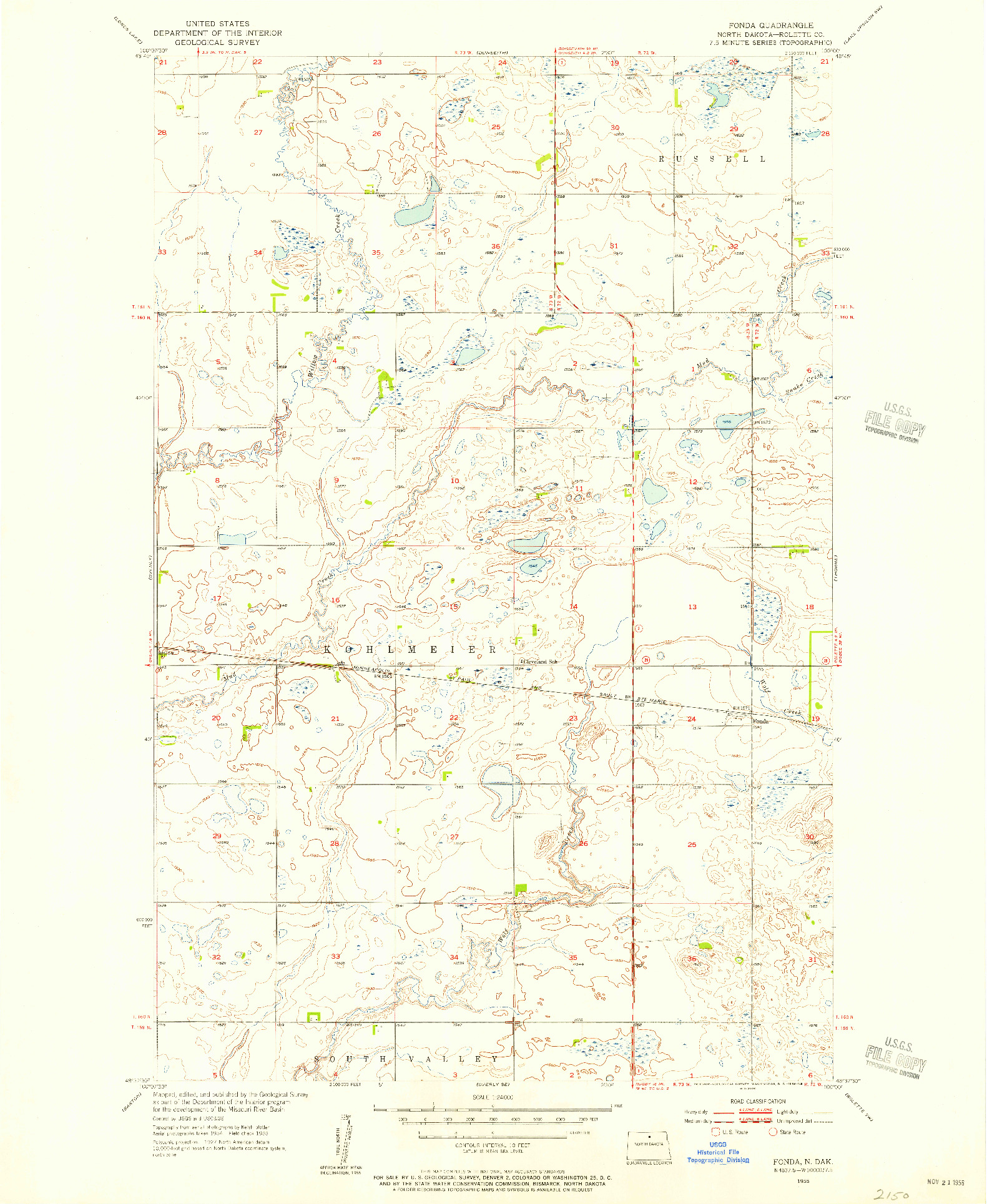 USGS 1:24000-SCALE QUADRANGLE FOR FONDA, ND 1955