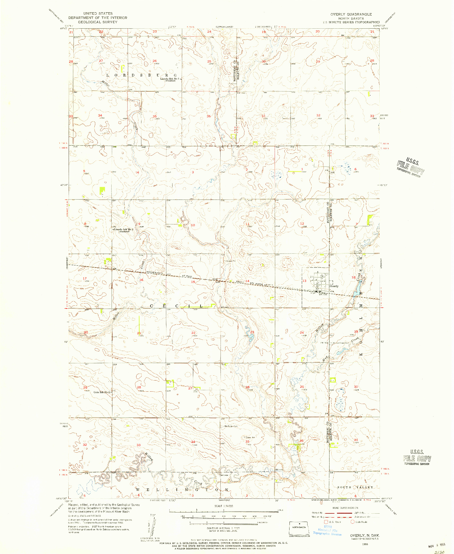 USGS 1:24000-SCALE QUADRANGLE FOR OVERLY, ND 1955