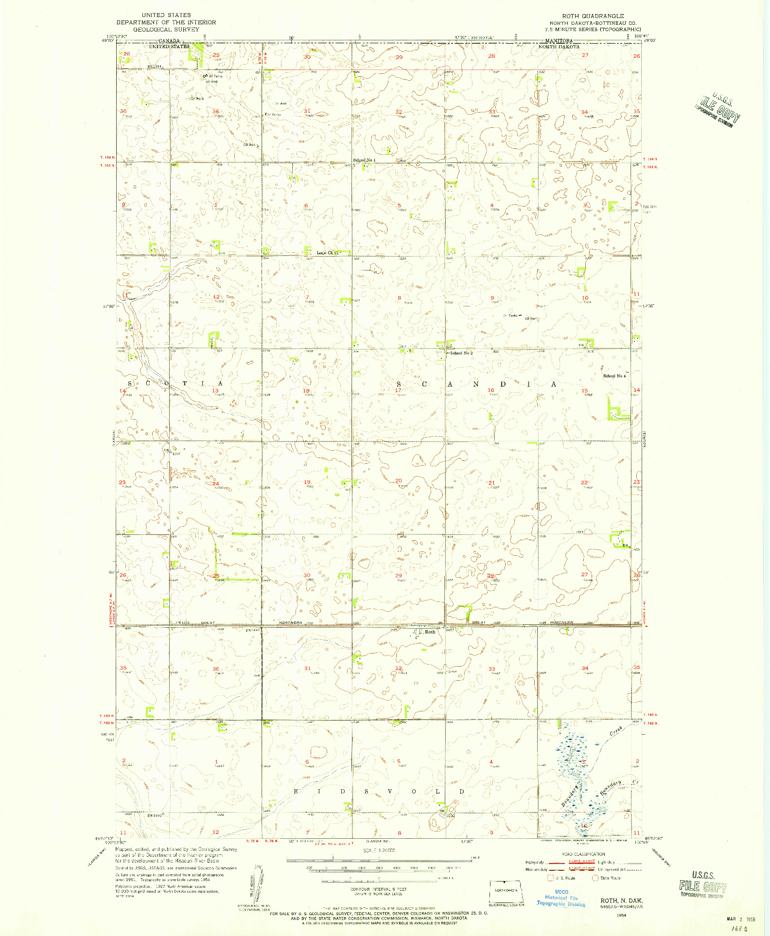 USGS 1:24000-SCALE QUADRANGLE FOR ROTH, ND 1954