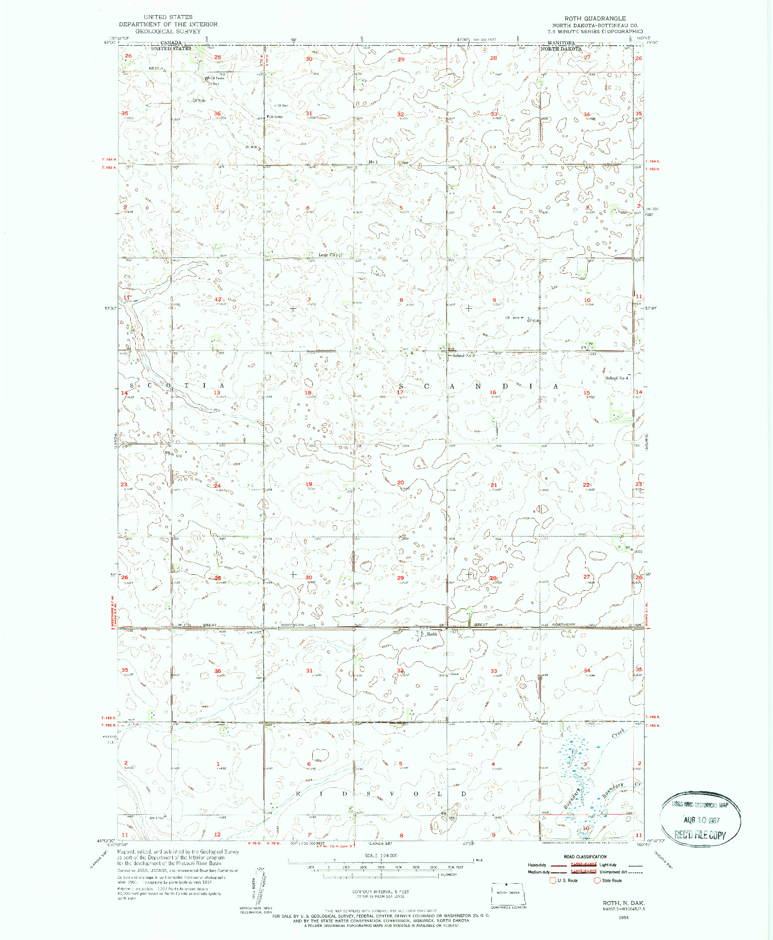 USGS 1:24000-SCALE QUADRANGLE FOR ROTH, ND 1954