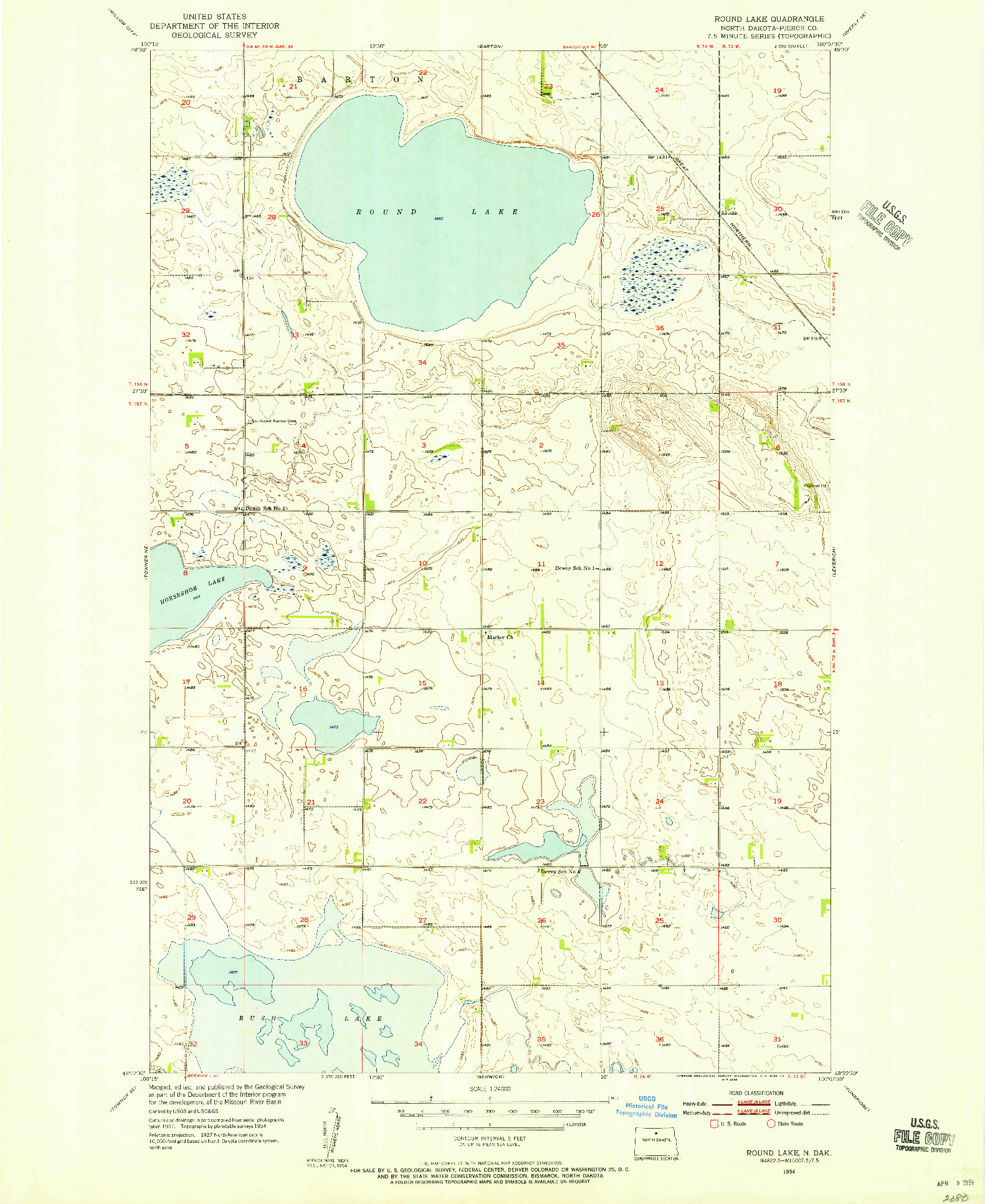 USGS 1:24000-SCALE QUADRANGLE FOR ROUND LAKE, ND 1954