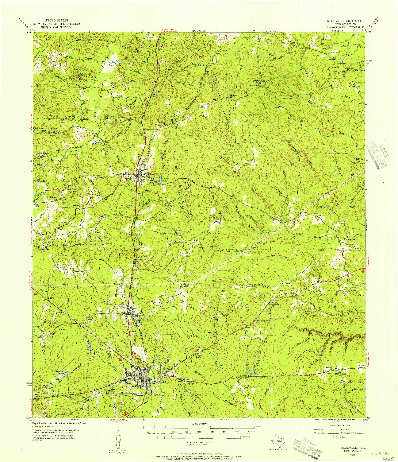 USGS 1:62500-SCALE QUADRANGLE FOR WOODVILLE, TX 1955