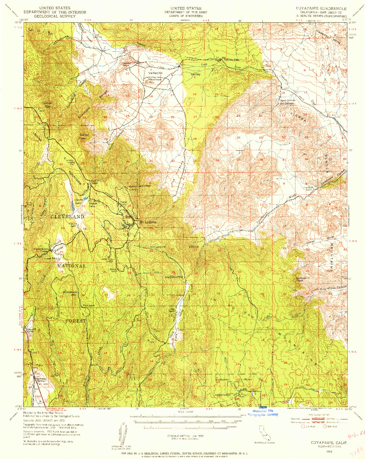 USGS 1:62500-SCALE QUADRANGLE FOR CUYAPAIPE, CA 1942