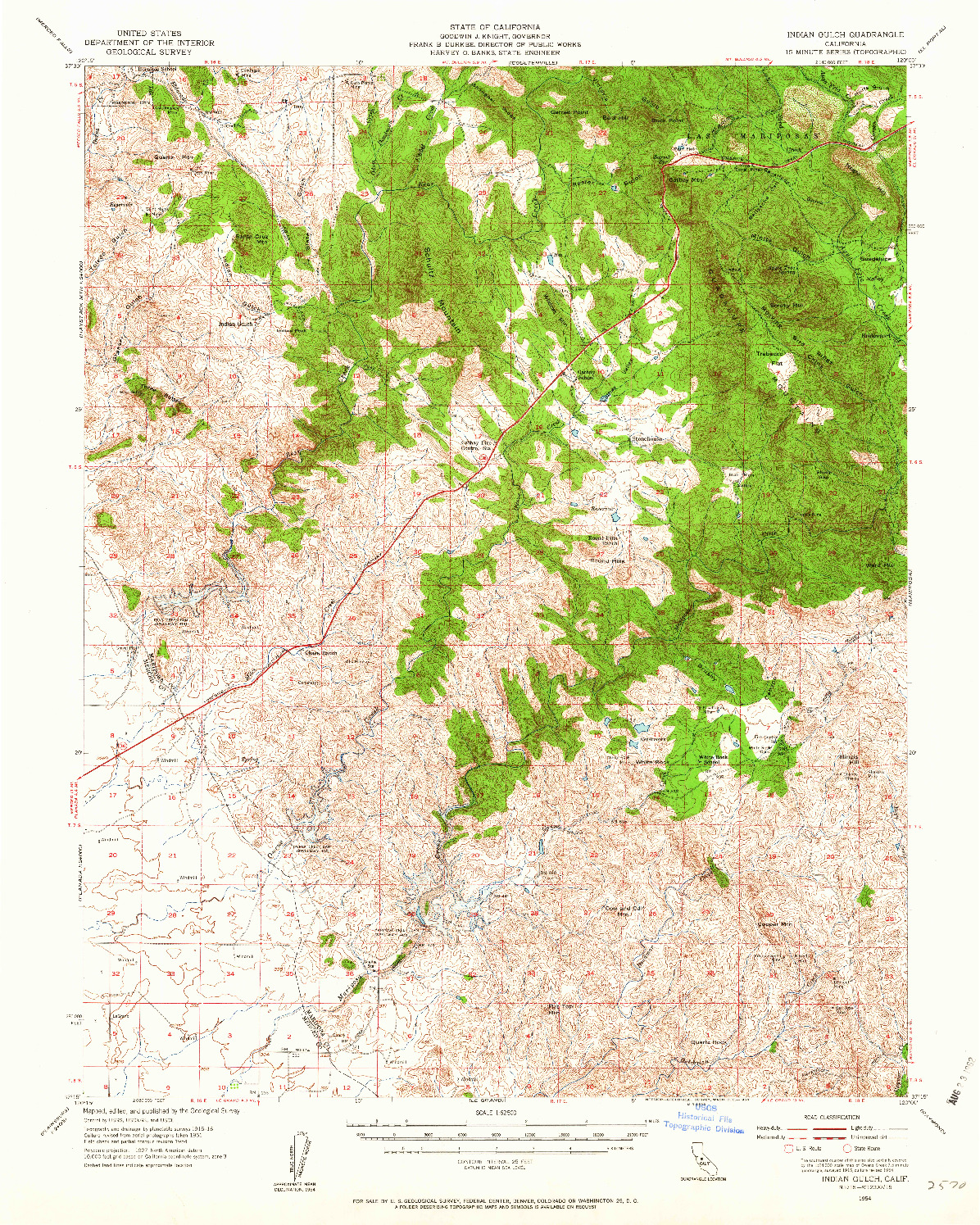 USGS 1:62500-SCALE QUADRANGLE FOR INDIAN GULCH, CA 1954