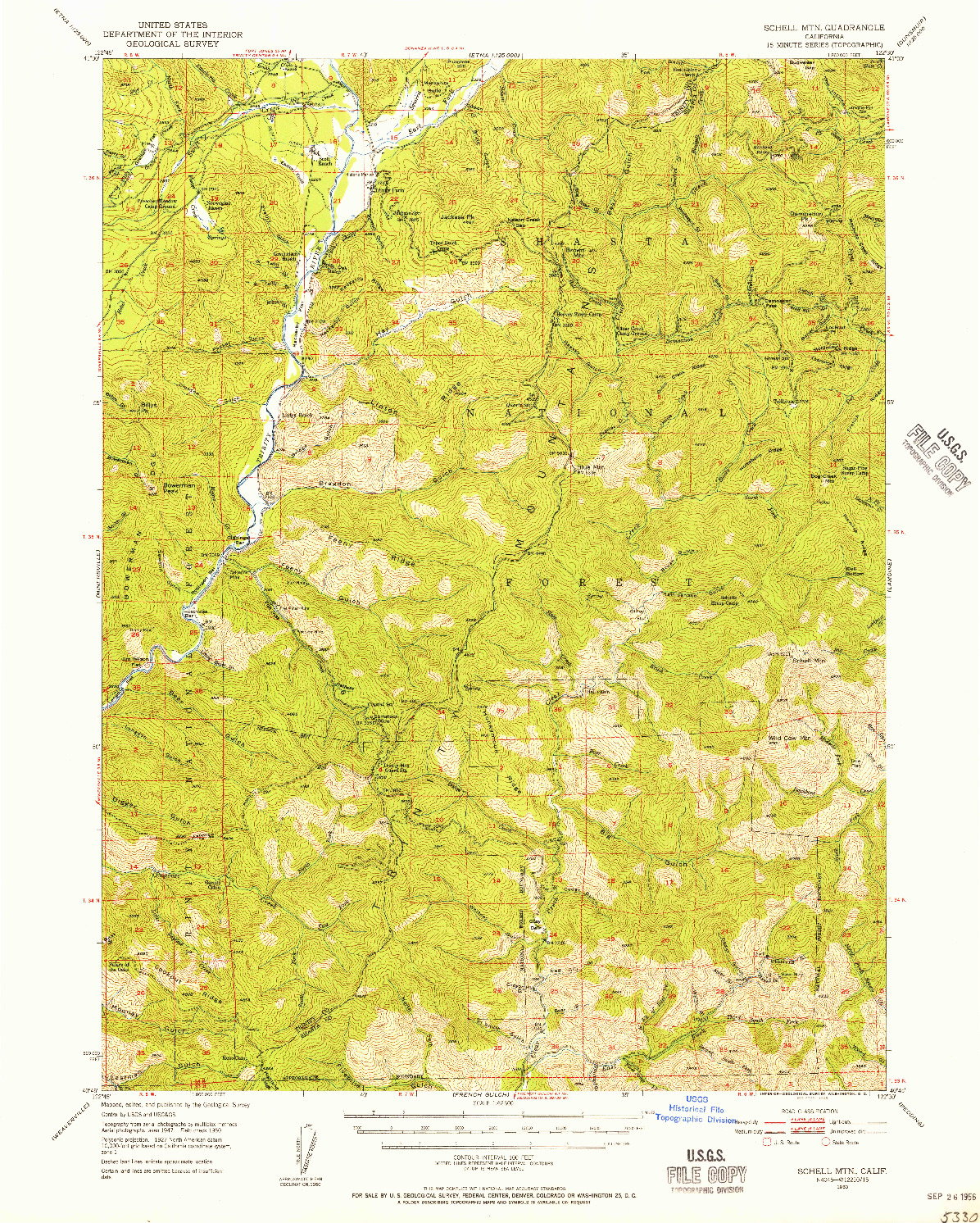 USGS 1:62500-SCALE QUADRANGLE FOR SCHELL MTN, CA 1950