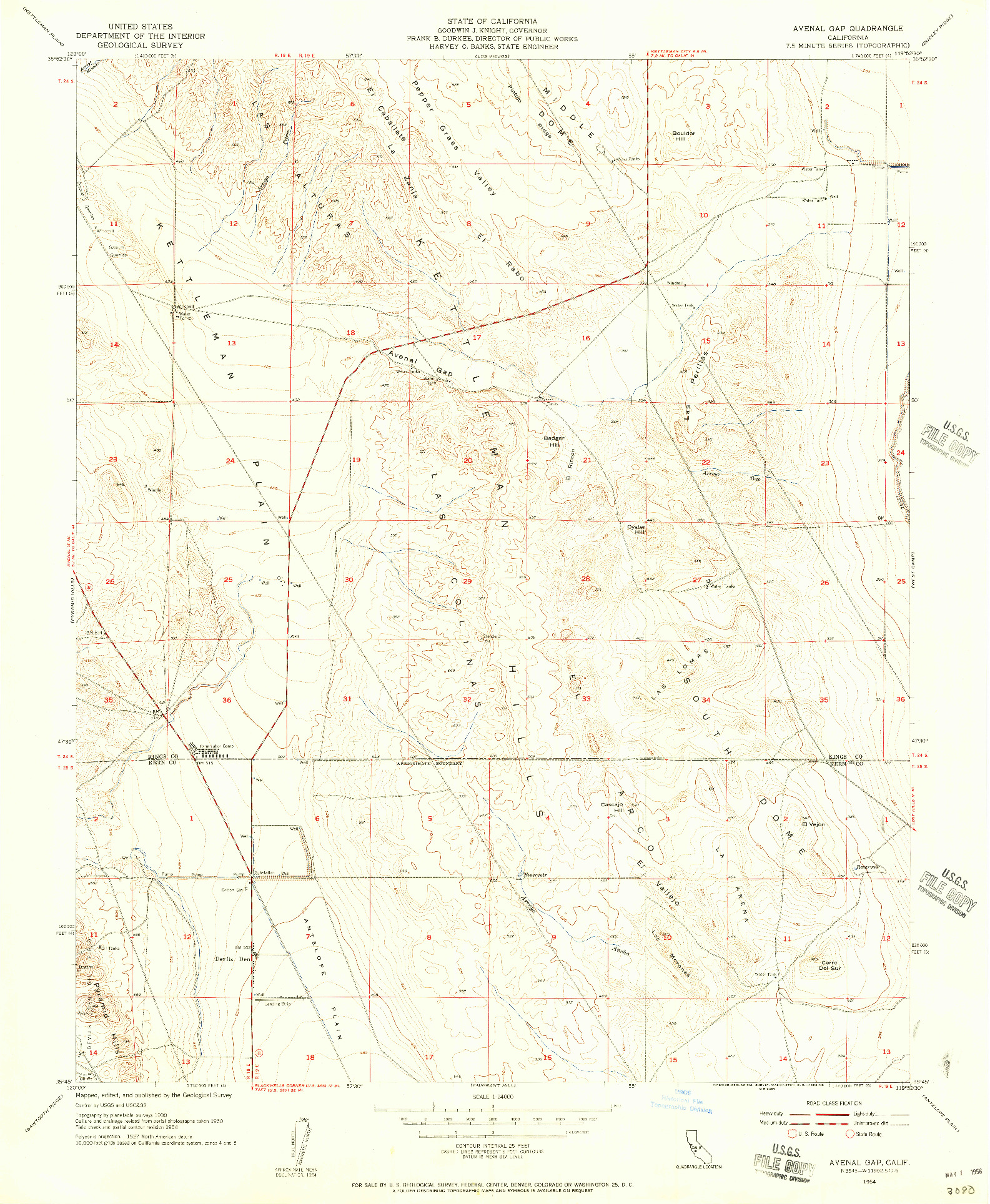 USGS 1:24000-SCALE QUADRANGLE FOR AVENAL GAP, CA 1954