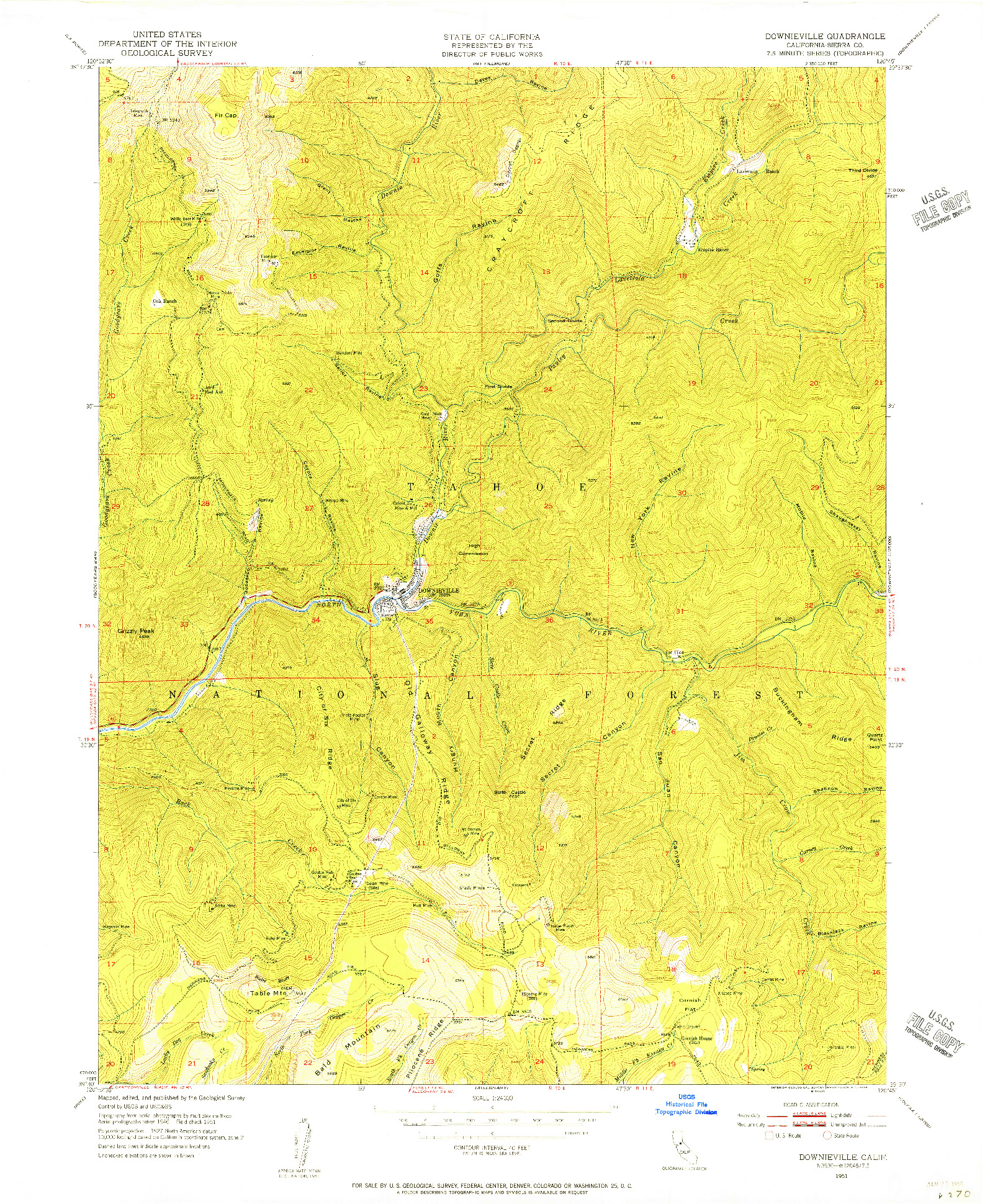 USGS 1:24000-SCALE QUADRANGLE FOR DOWNIEVILLE, CA 1951