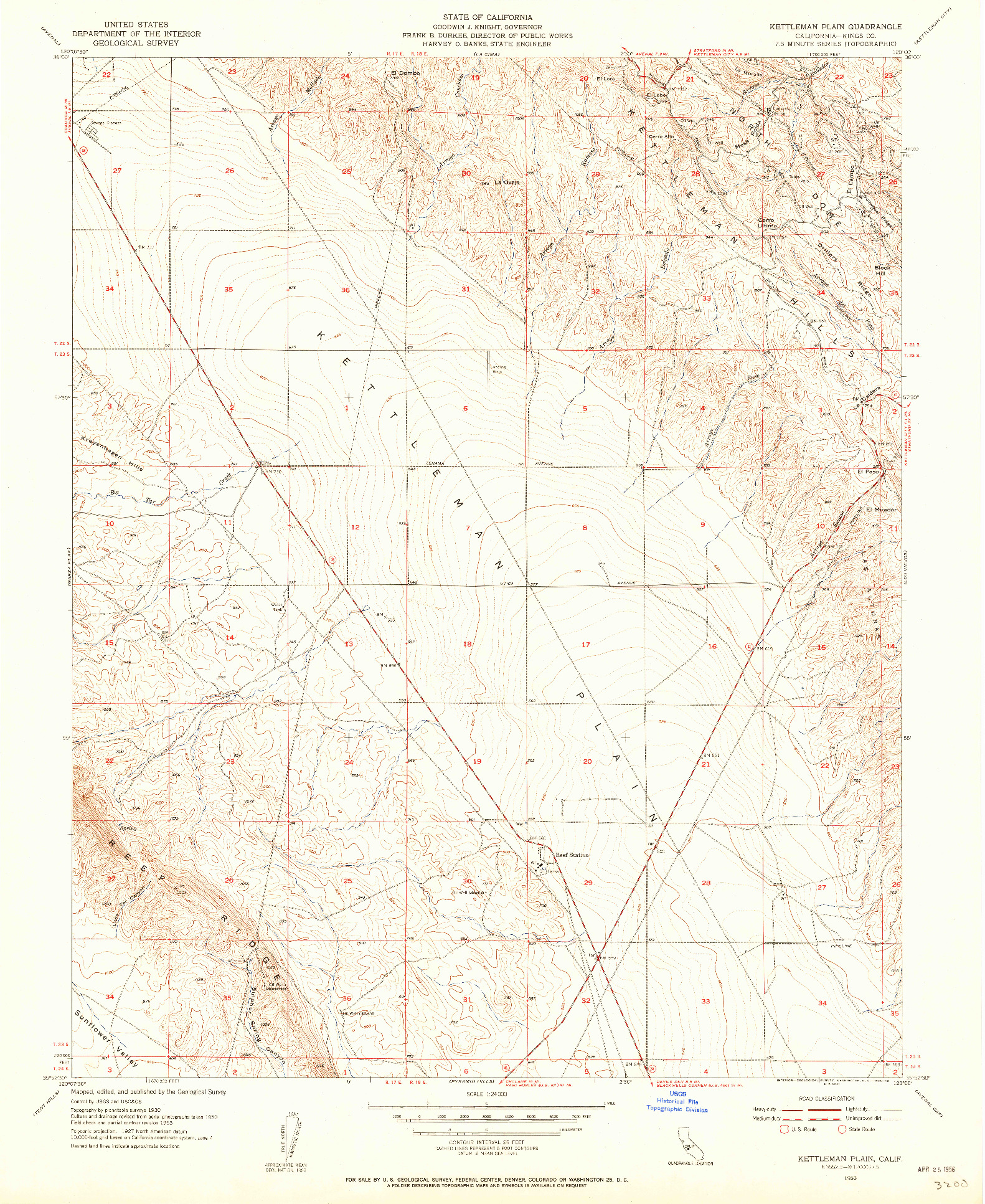 USGS 1:24000-SCALE QUADRANGLE FOR KETTLEMAN PLAIN, CA 1953