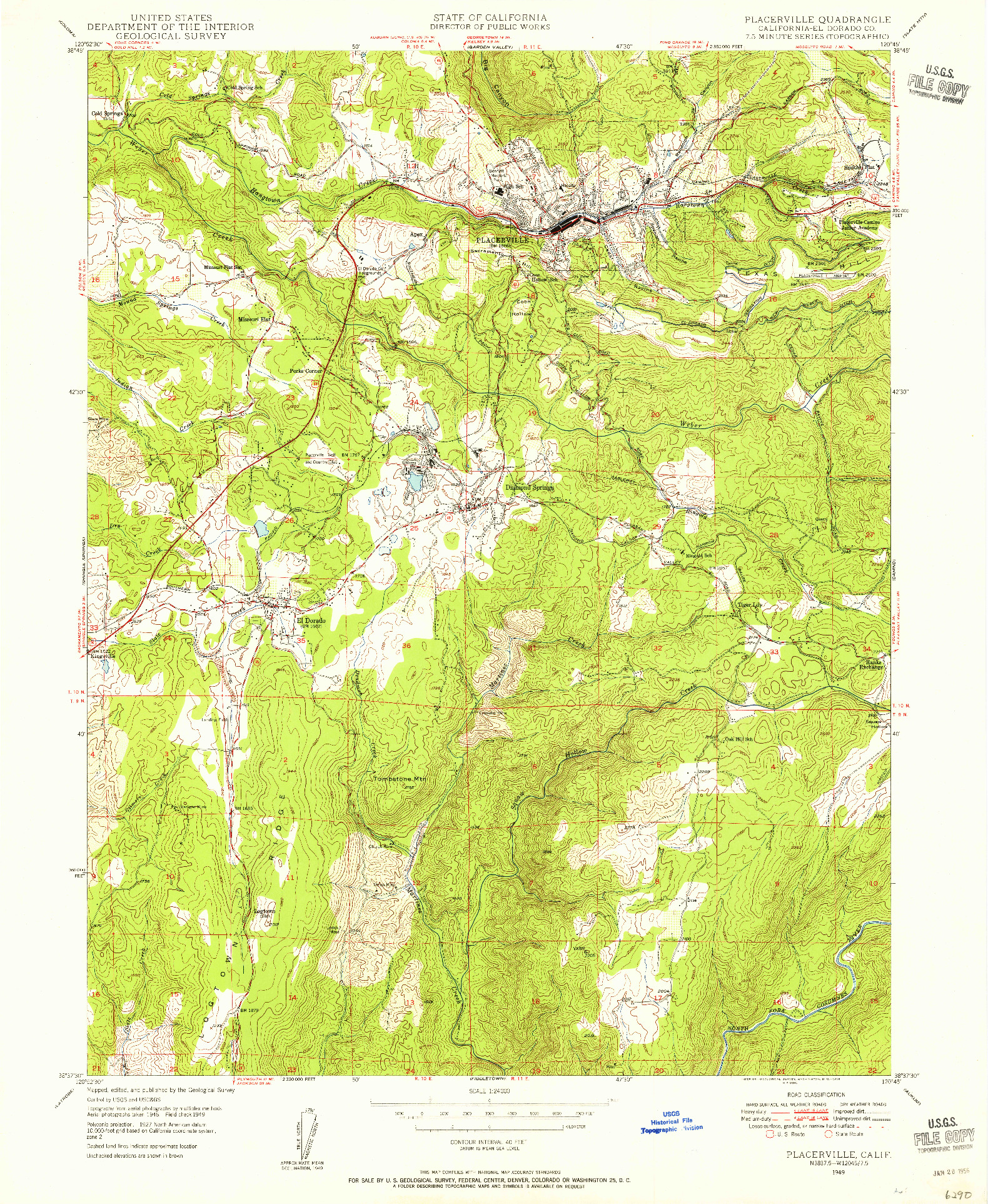 USGS 1:24000-SCALE QUADRANGLE FOR PLACERVILLE, CA 1949