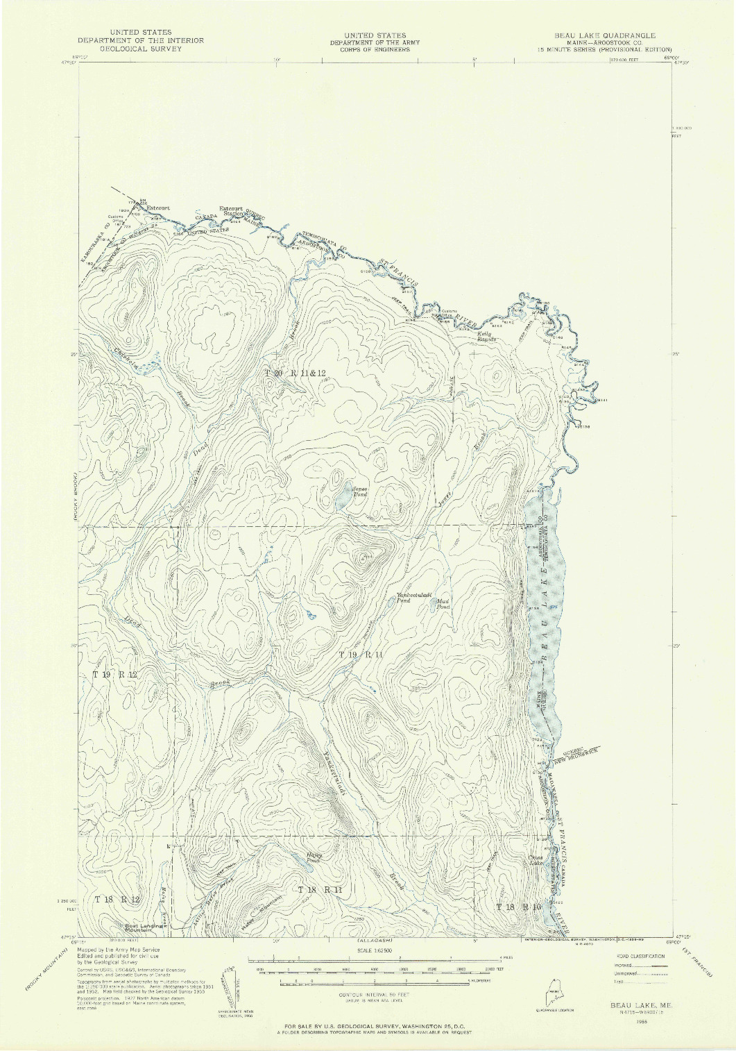 USGS 1:62500-SCALE QUADRANGLE FOR BEAU LAKE, ME 1955