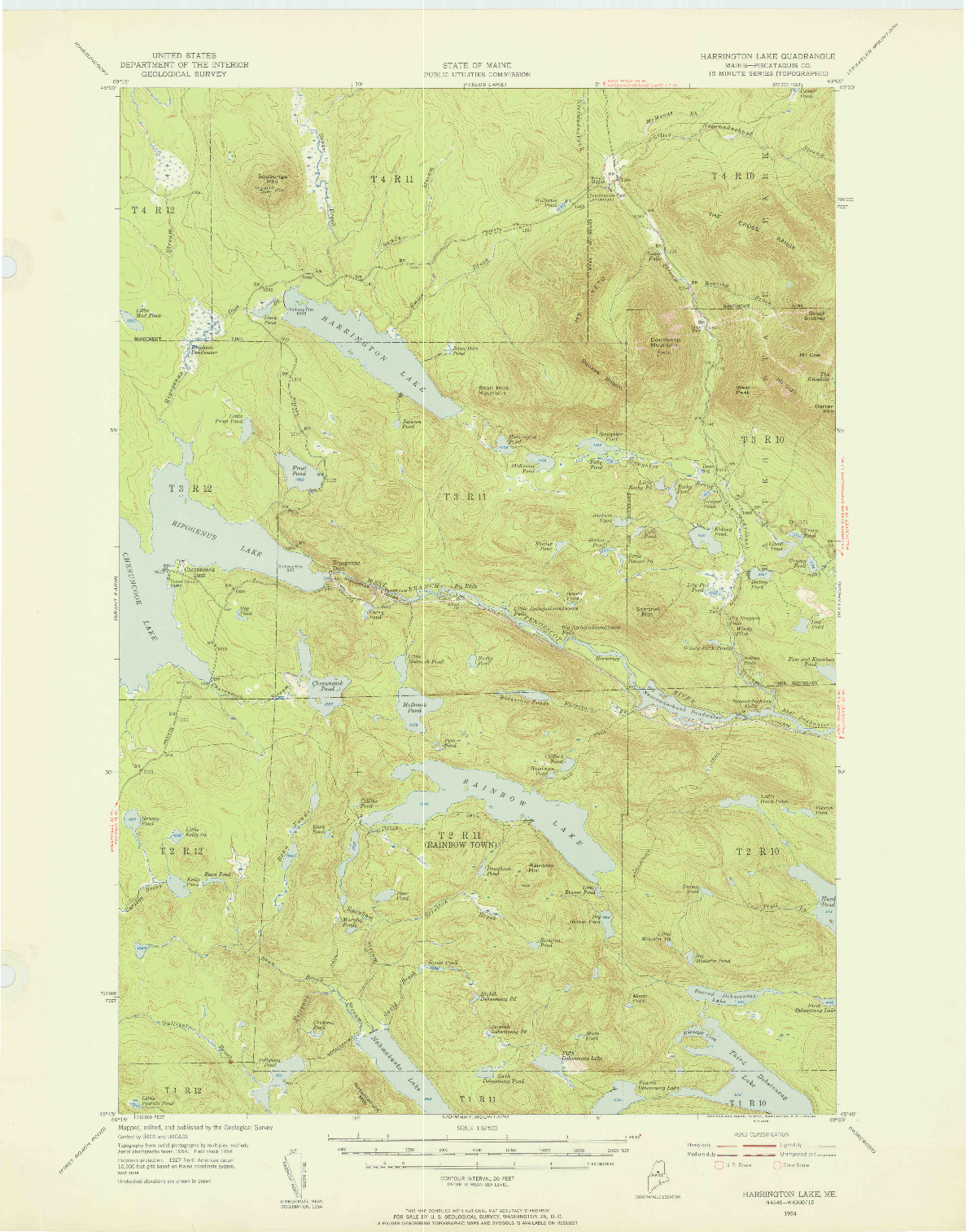 USGS 1:62500-SCALE QUADRANGLE FOR HARRINGTON LAKE, ME 1954