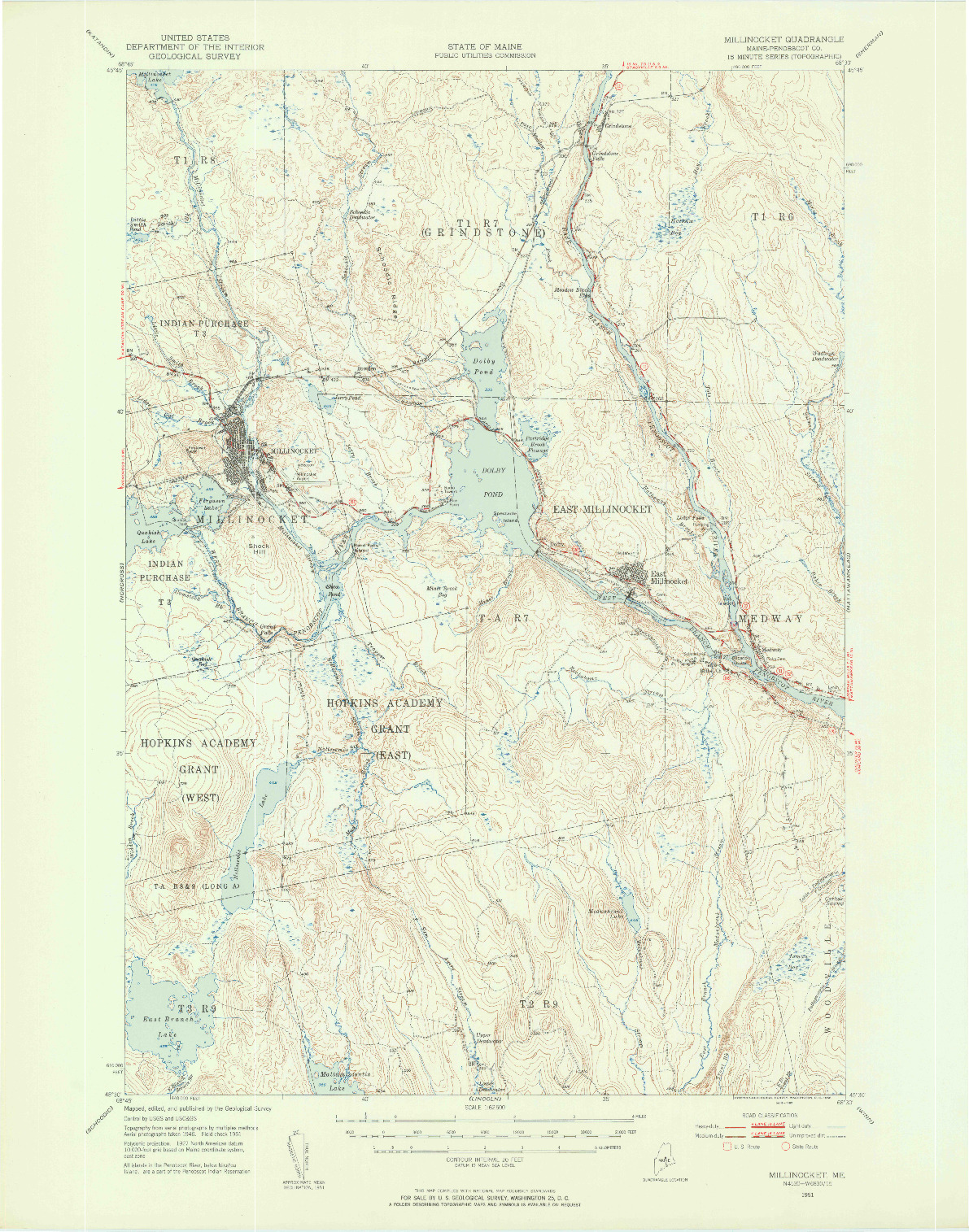 USGS 1:62500-SCALE QUADRANGLE FOR MILLINOCKET, ME 1951
