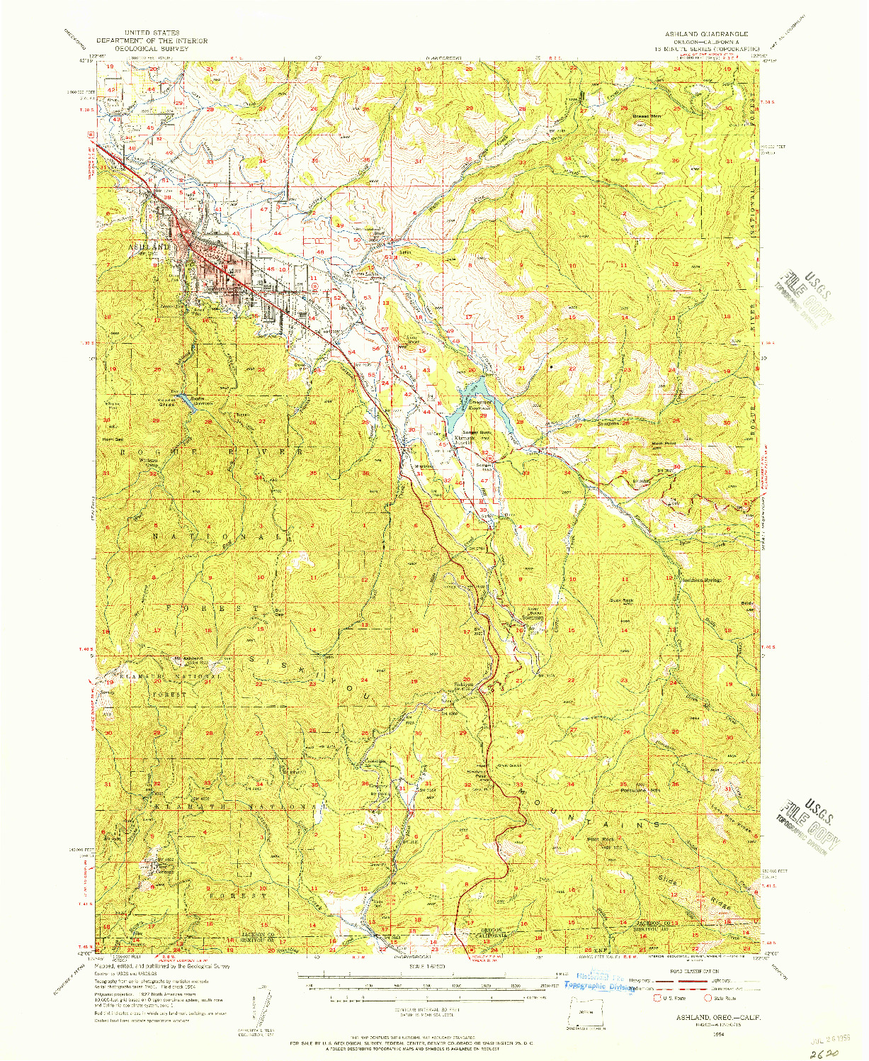 USGS 1:62500-SCALE QUADRANGLE FOR ASHLAND, OR 1954