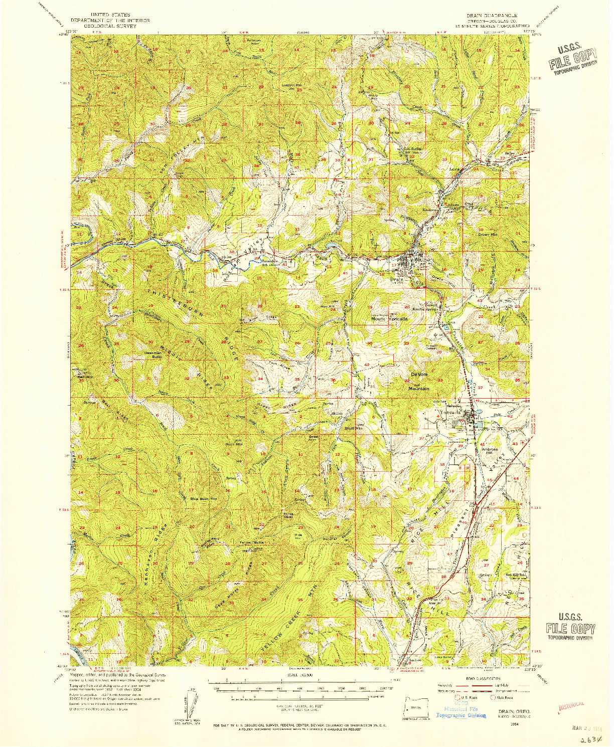 USGS 1:62500-SCALE QUADRANGLE FOR DRAIN, OR 1954