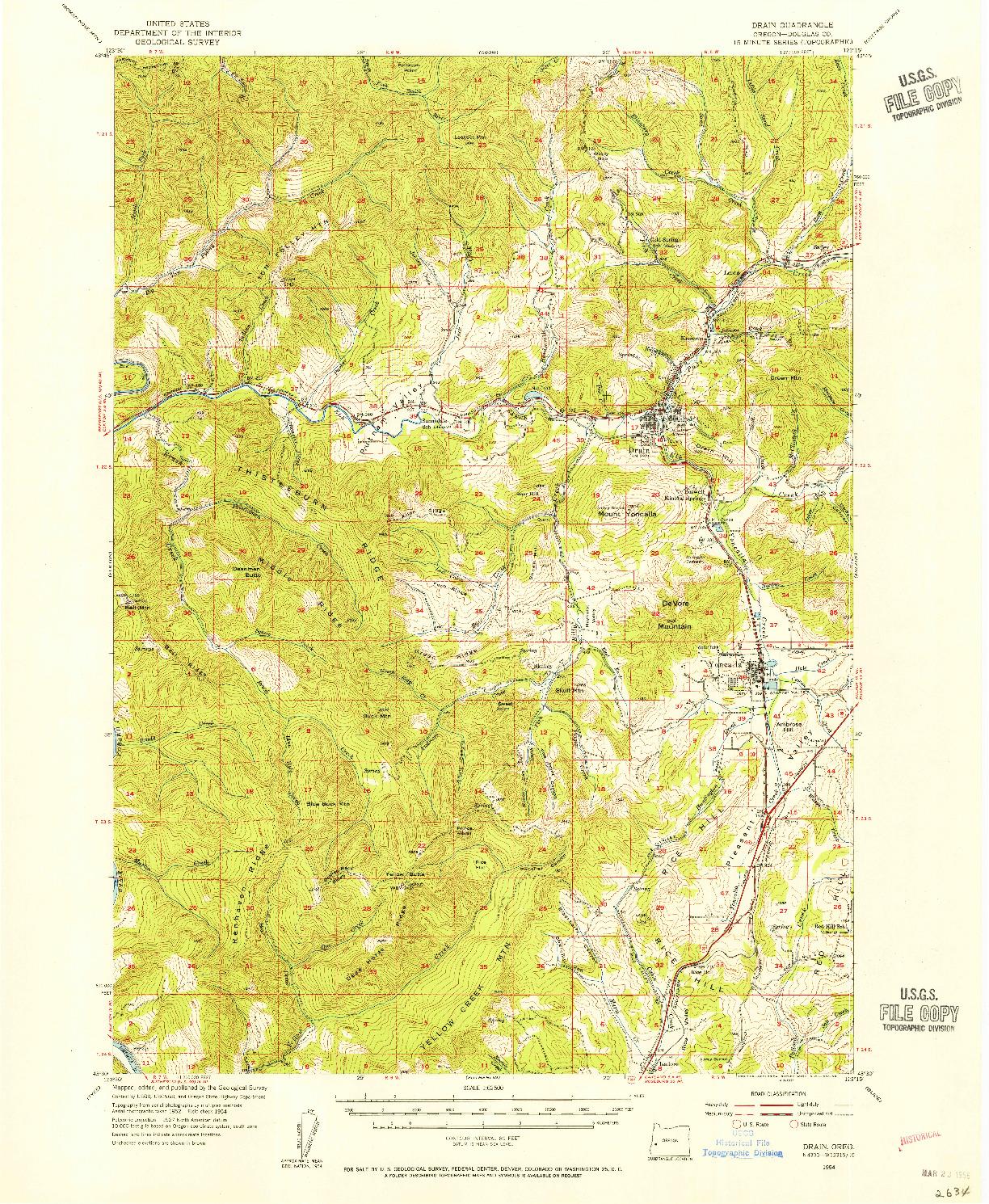 USGS 1:62500-SCALE QUADRANGLE FOR DRAIN, OR 1954