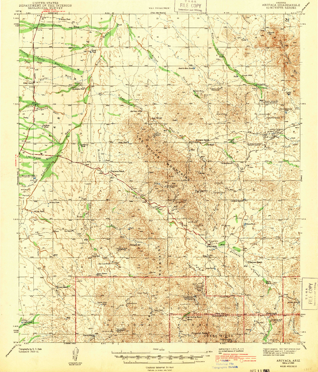 USGS 1:62500-SCALE QUADRANGLE FOR ARIVACA, AZ 1943