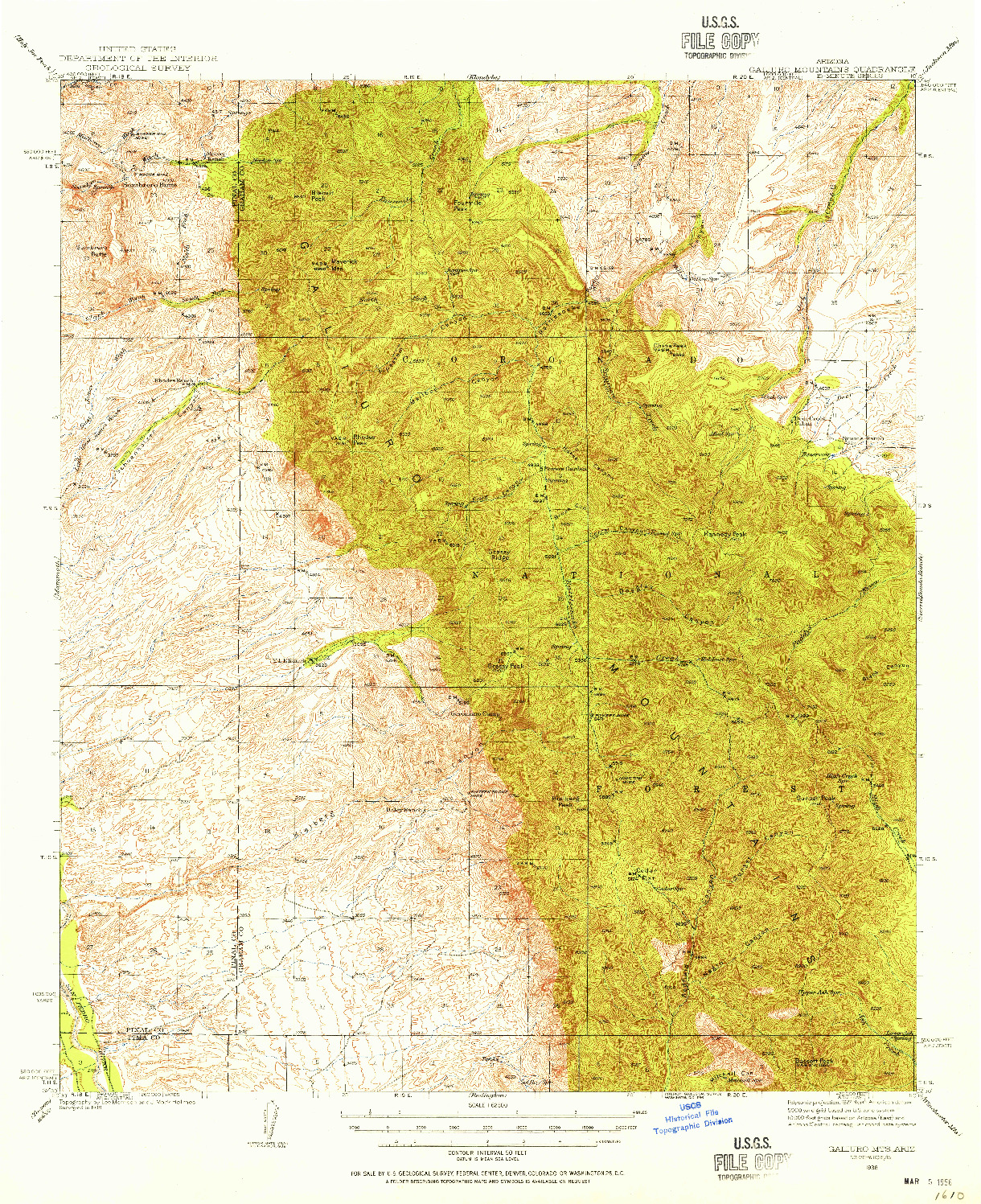 USGS 1:62500-SCALE QUADRANGLE FOR GALIURO MTS, AZ 1938