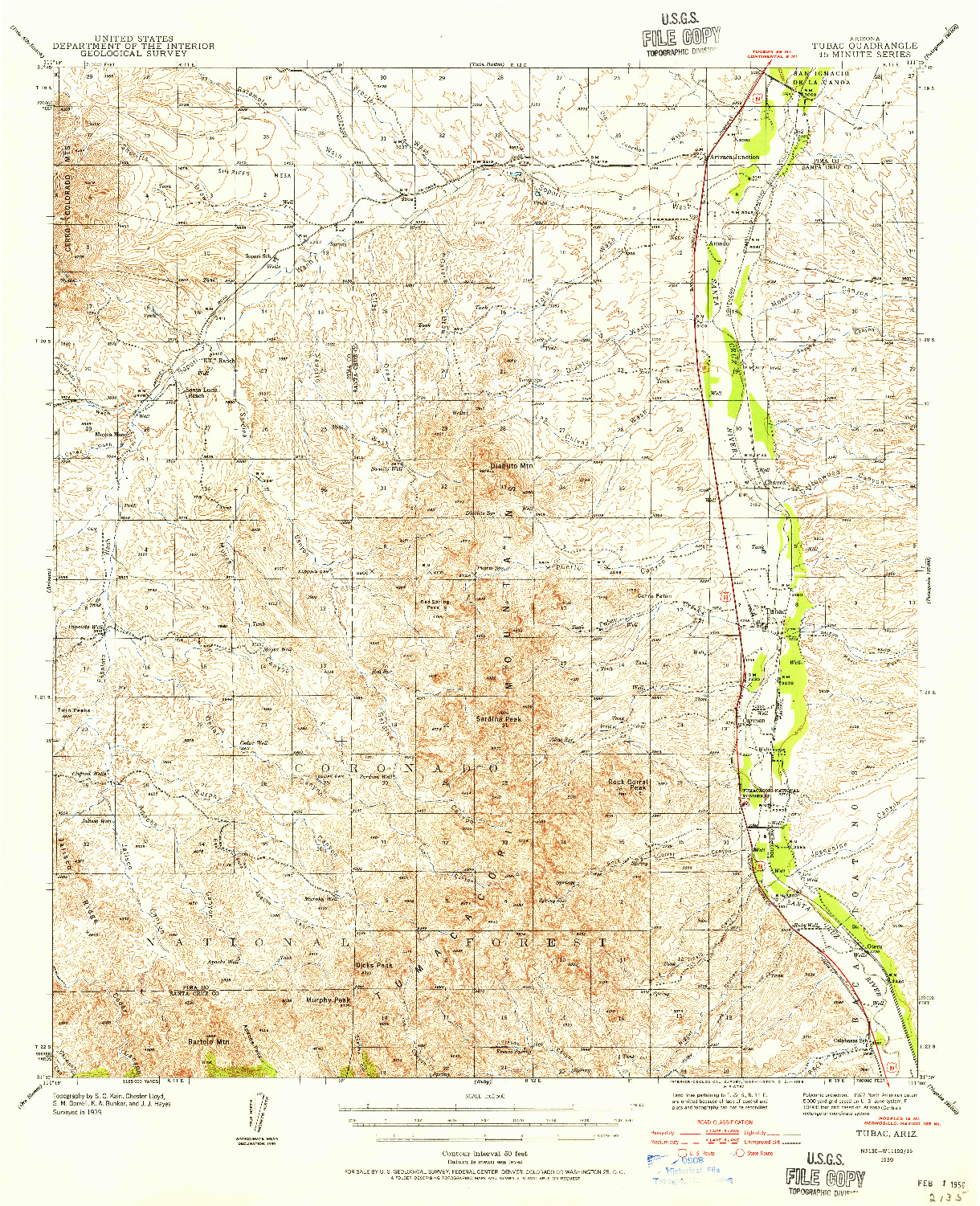 USGS 1:62500-SCALE QUADRANGLE FOR TUBAC, AZ 1939