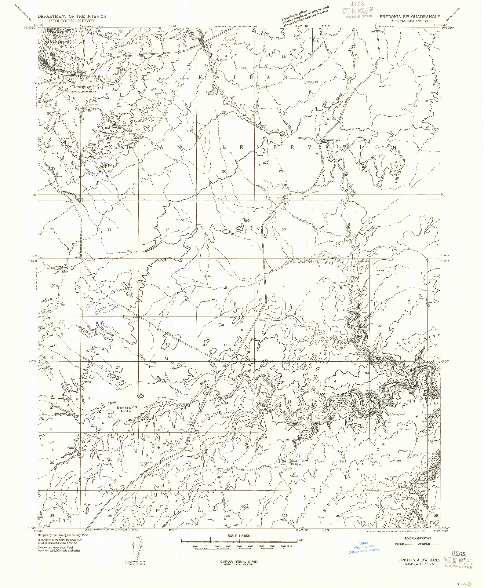 USGS 1:24000-SCALE QUADRANGLE FOR FREDONIA SW, AZ 1954