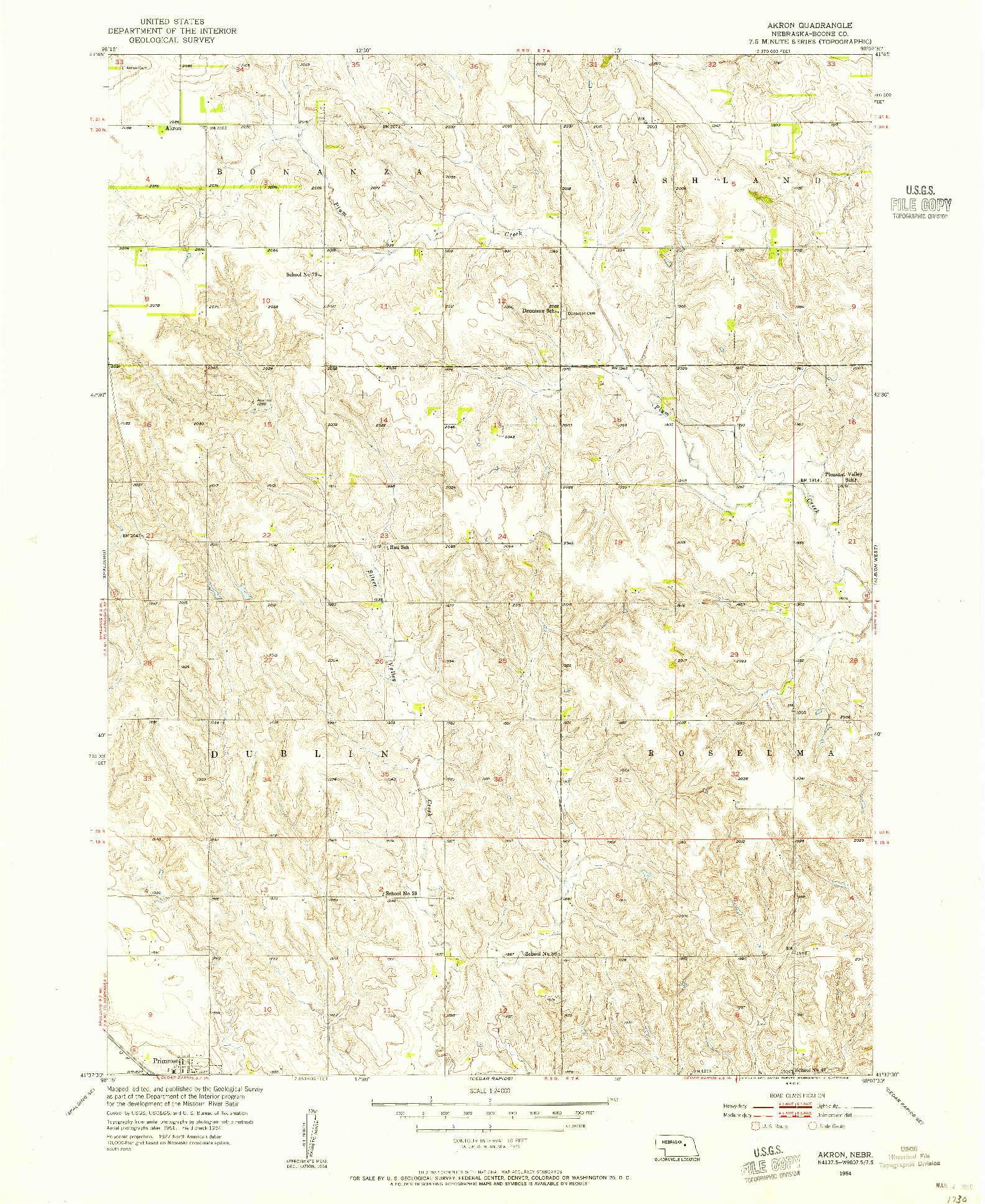 USGS 1:24000-SCALE QUADRANGLE FOR AKRON, NE 1954