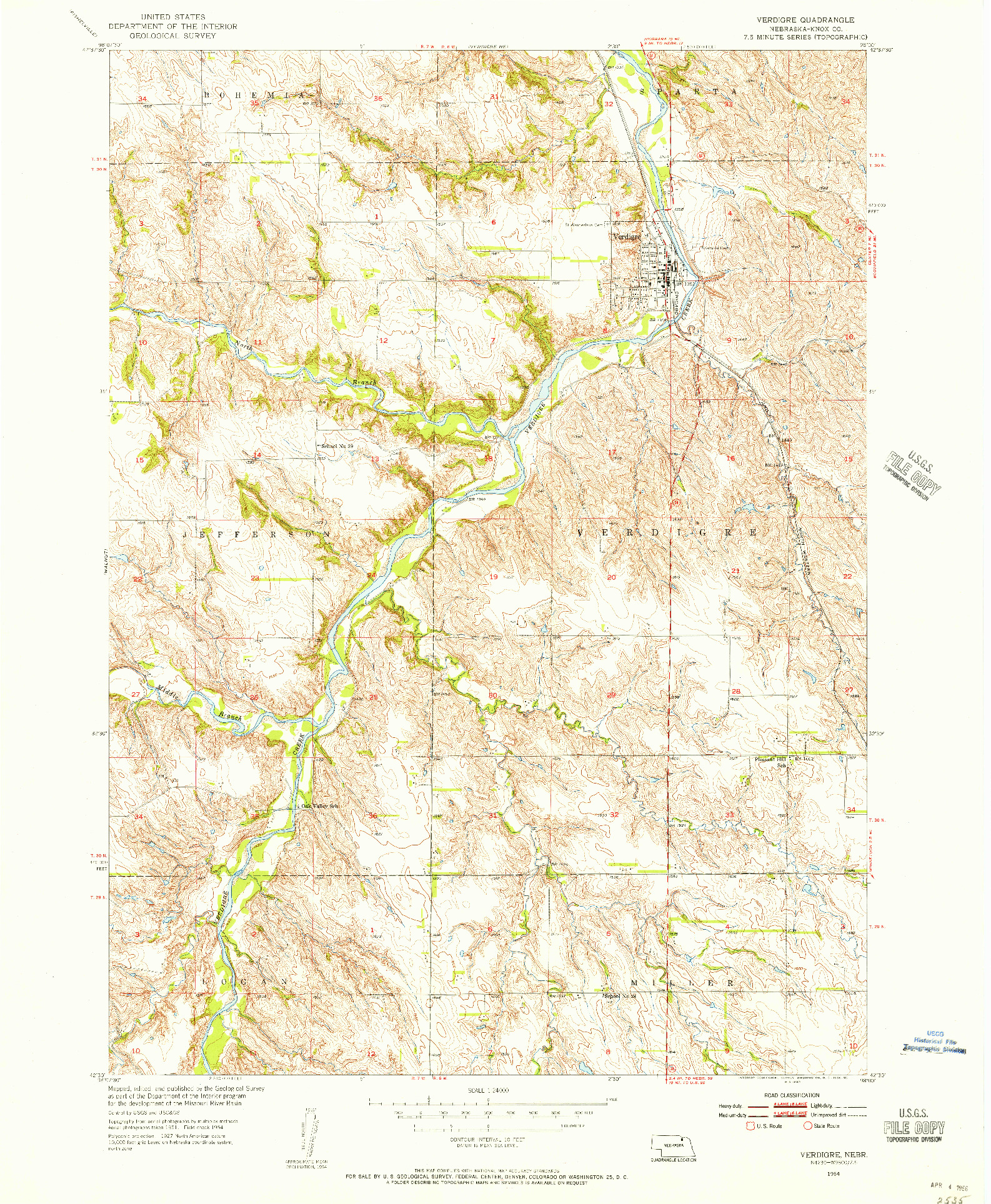 USGS 1:24000-SCALE QUADRANGLE FOR VERDIGRE, NE 1954