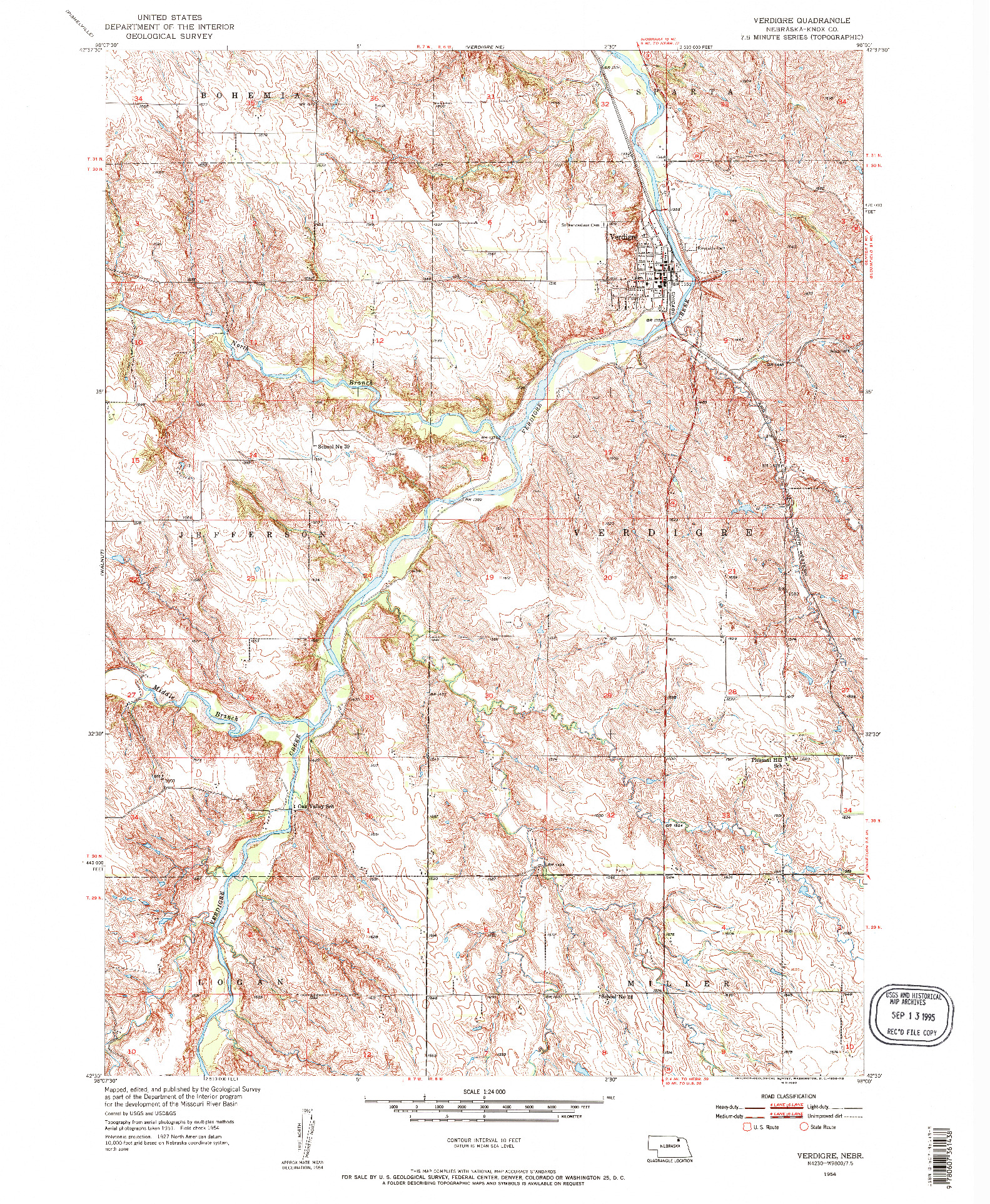 USGS 1:24000-SCALE QUADRANGLE FOR VERDIGRE, NE 1954