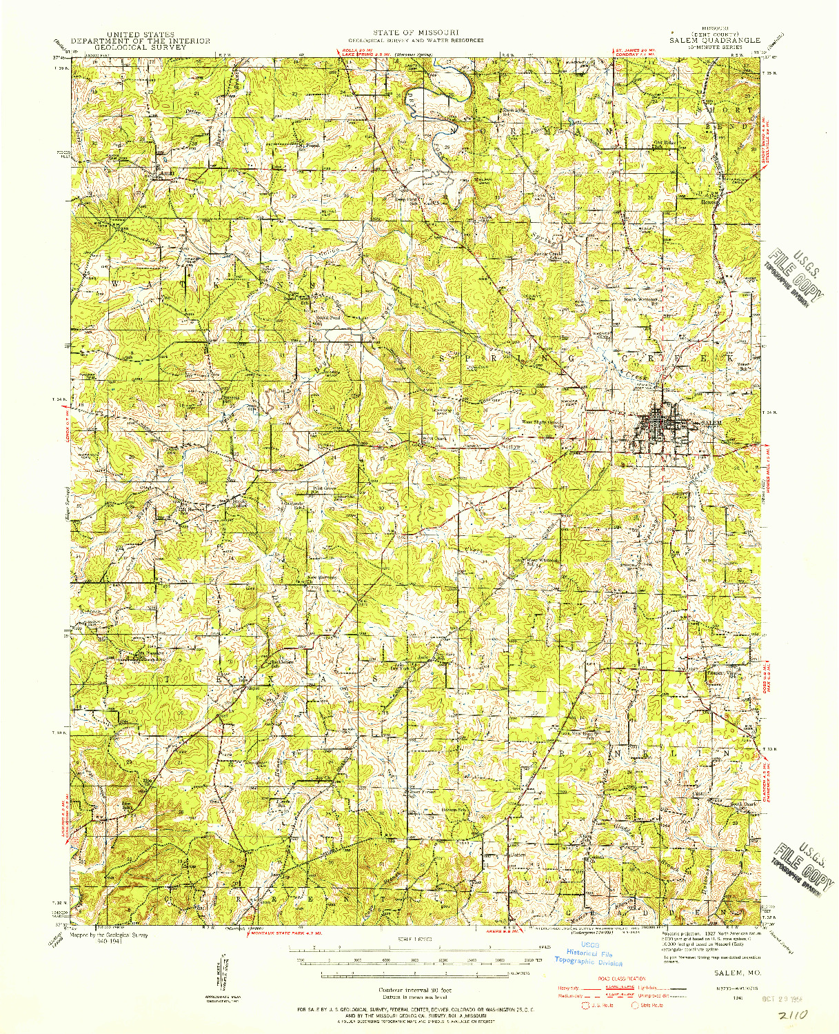 USGS 1:62500-SCALE QUADRANGLE FOR SALEM, MO 1941