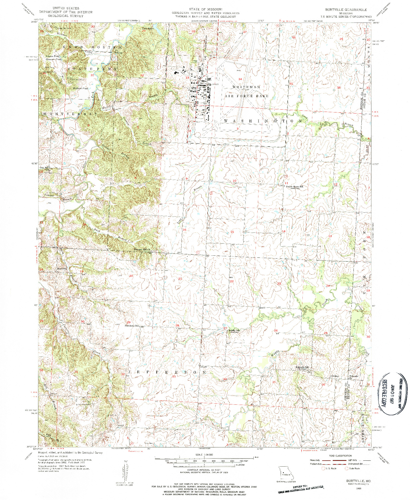 USGS 1:24000-SCALE QUADRANGLE FOR BURTVILLE, MO 1955